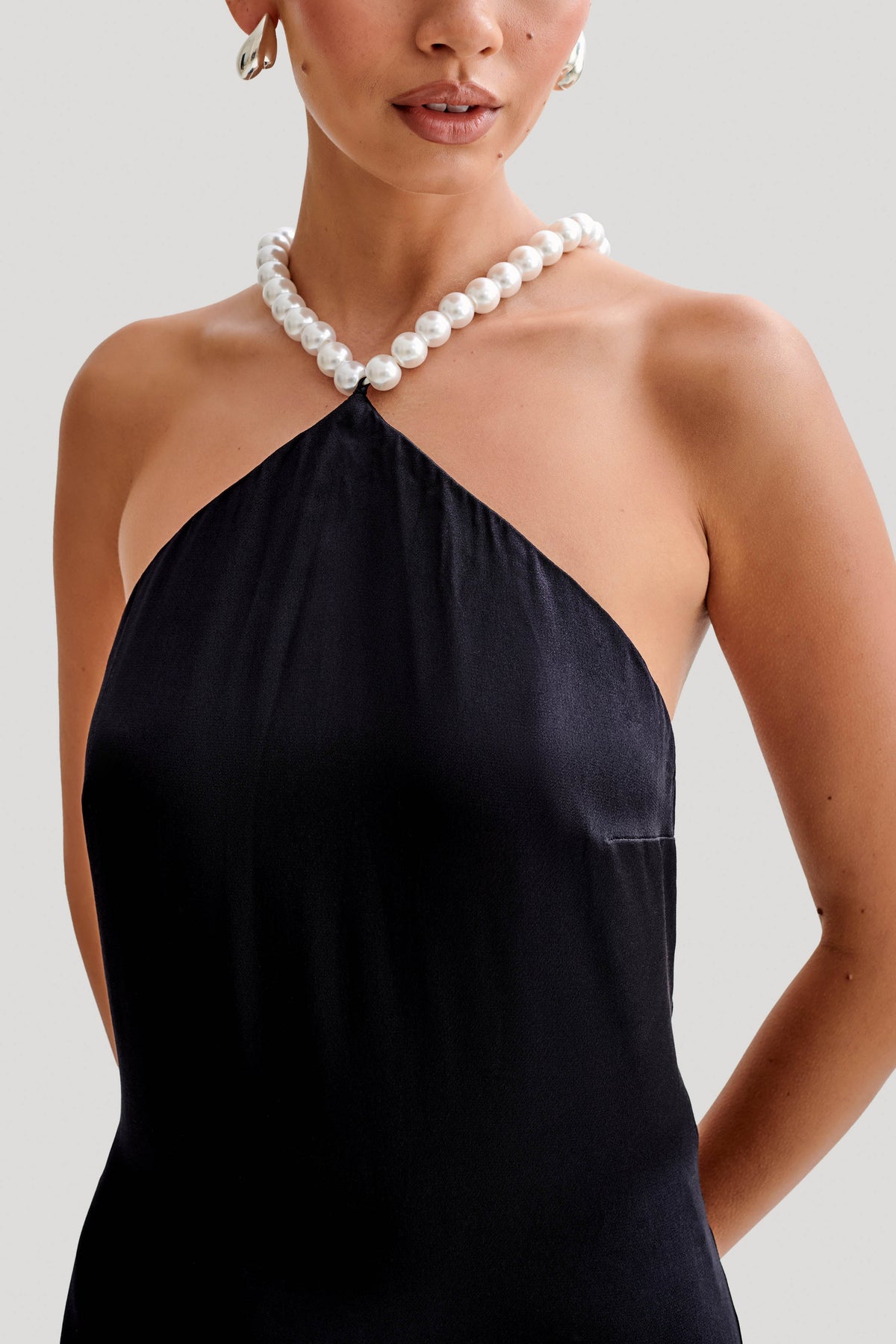 Blanche Satin Pearl Halter Maxi Dress - Black #3