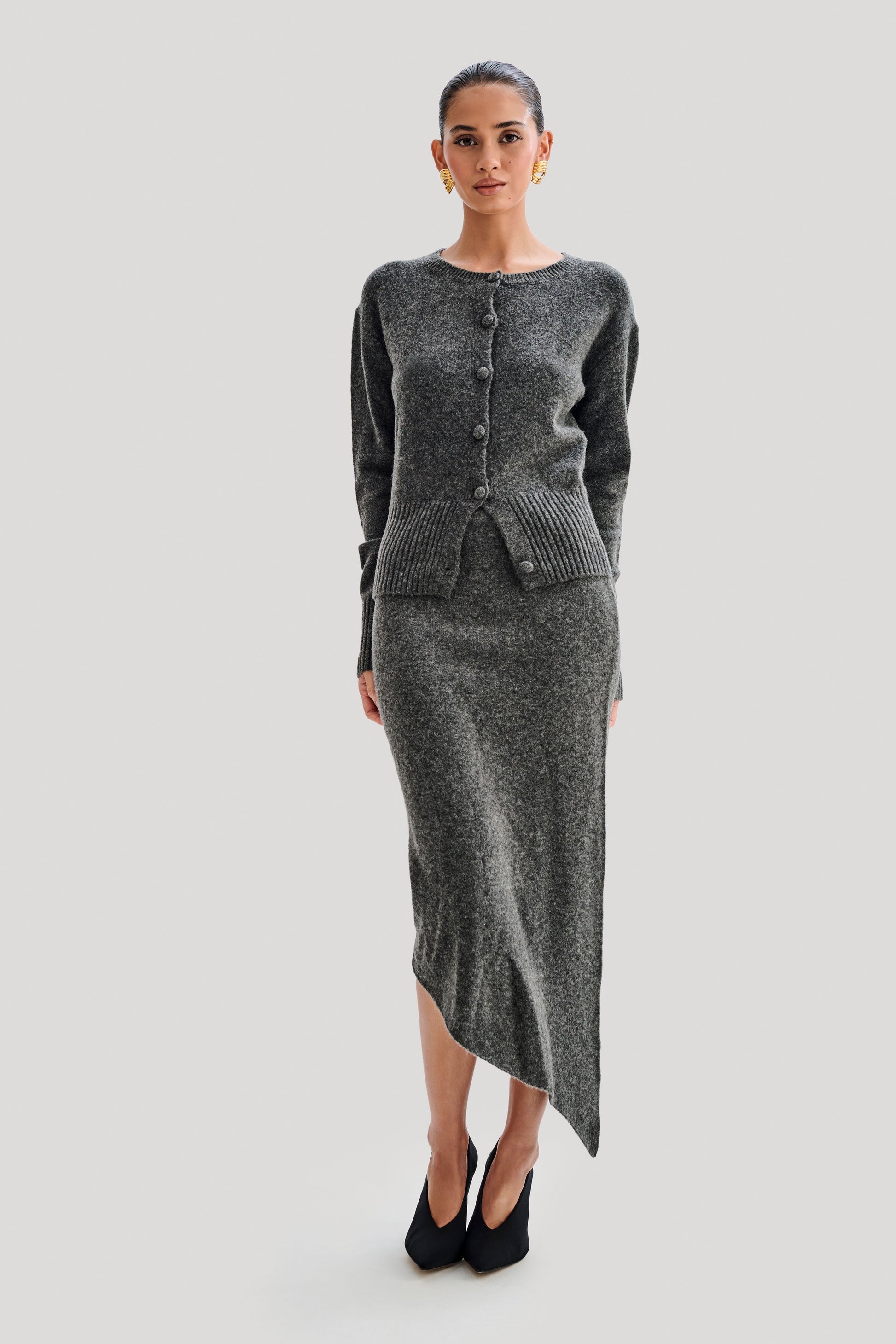 Genevieve Asymmetrical Knit Midi Skirt - Charcoal Marle #6