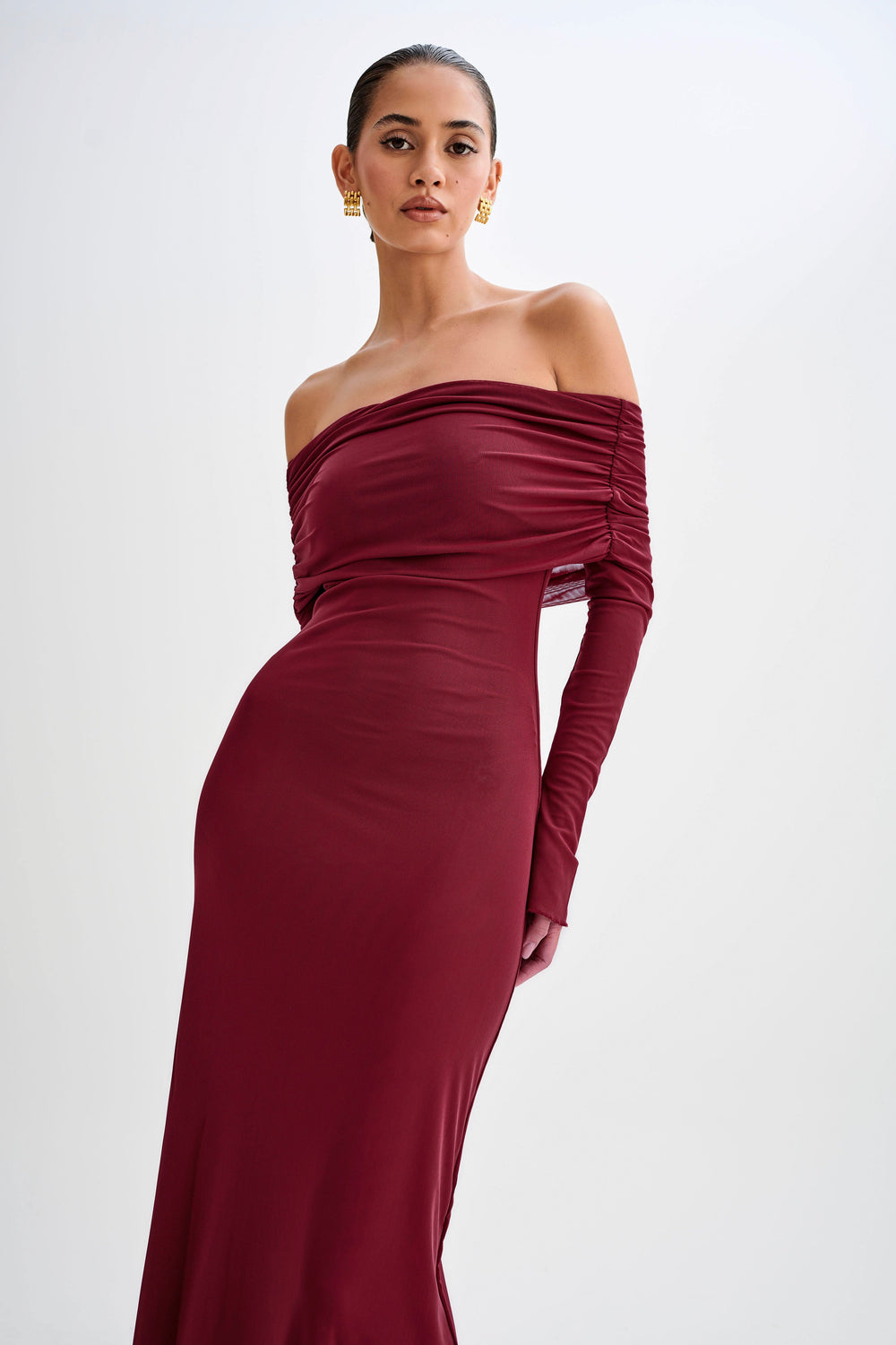 Josie Off Shoulder Mesh Maxi Dress - Wine