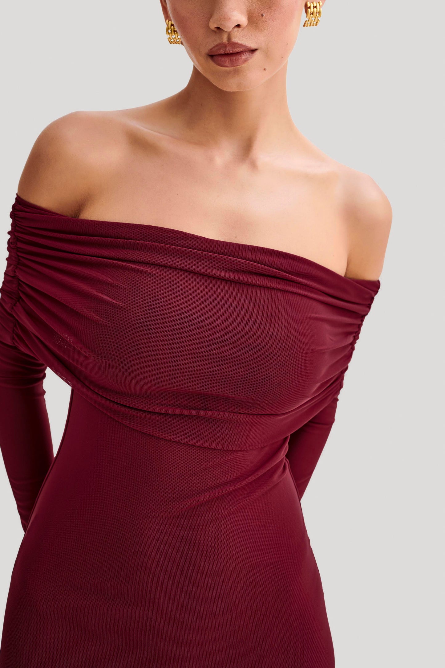 Josie Off Shoulder Mesh Maxi Dress - Wine