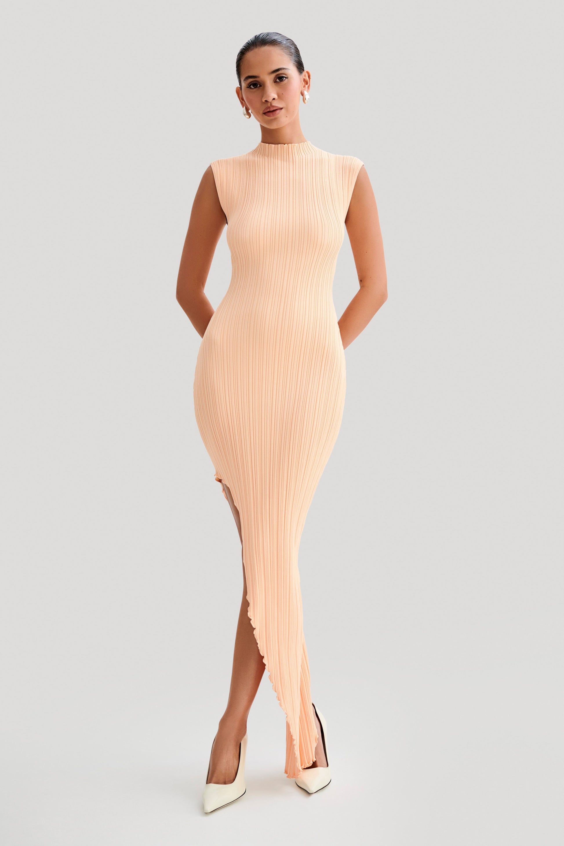 Arden Asymmetrical Rib Knit Maxi Dress - Light Peach #2