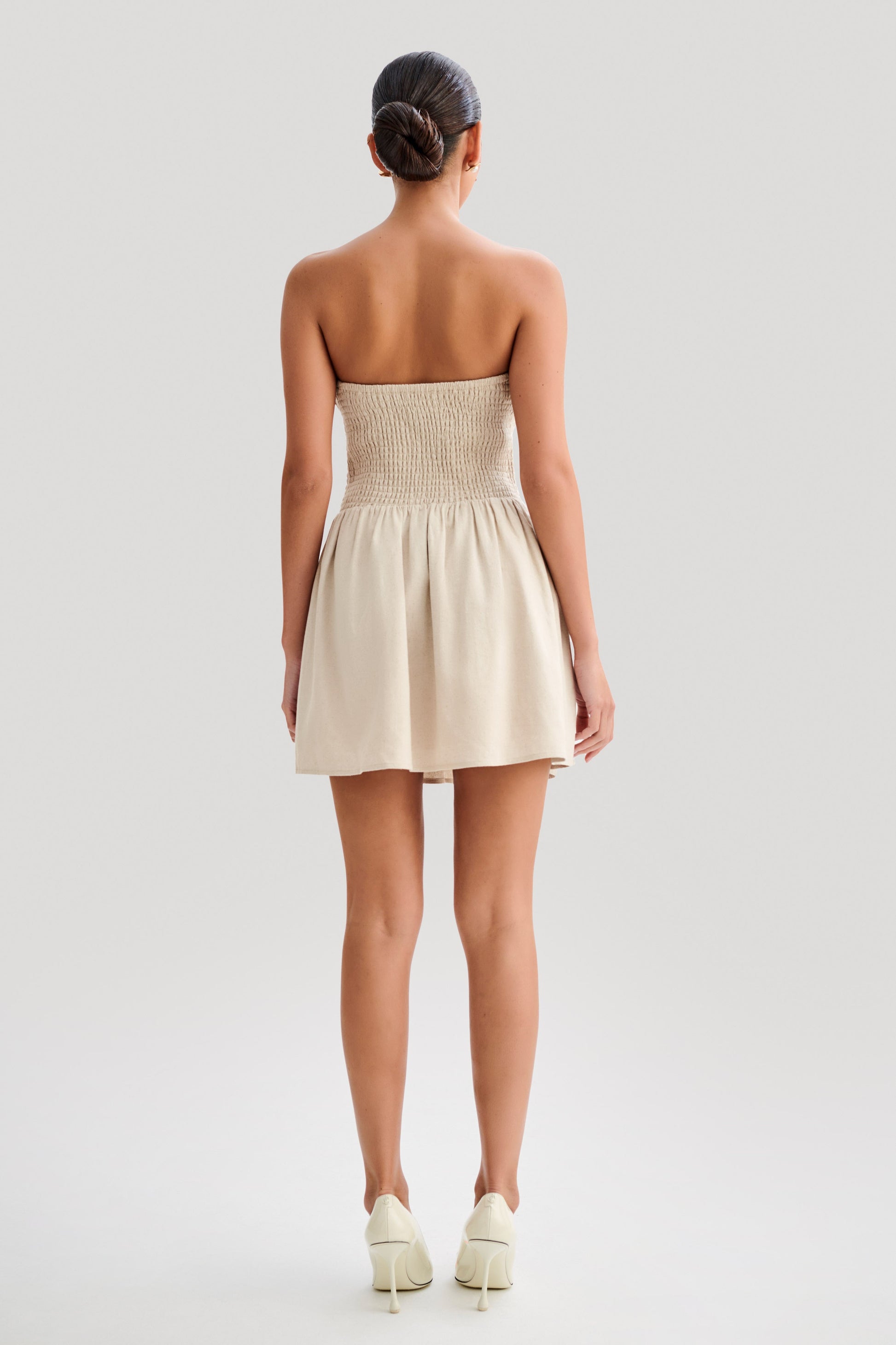 Holland Linen Shirring Mini Dress - Natural #5