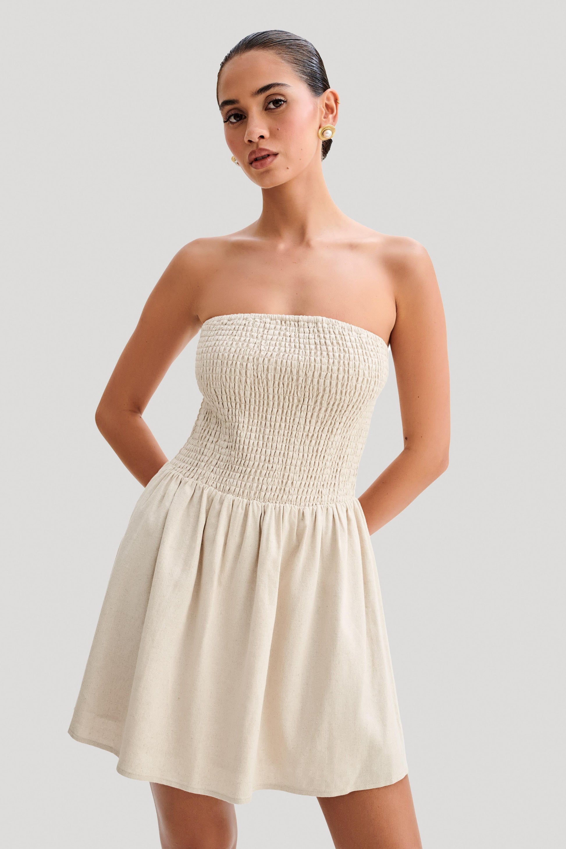 Holland Linen Shirring Mini Dress - Natural #3