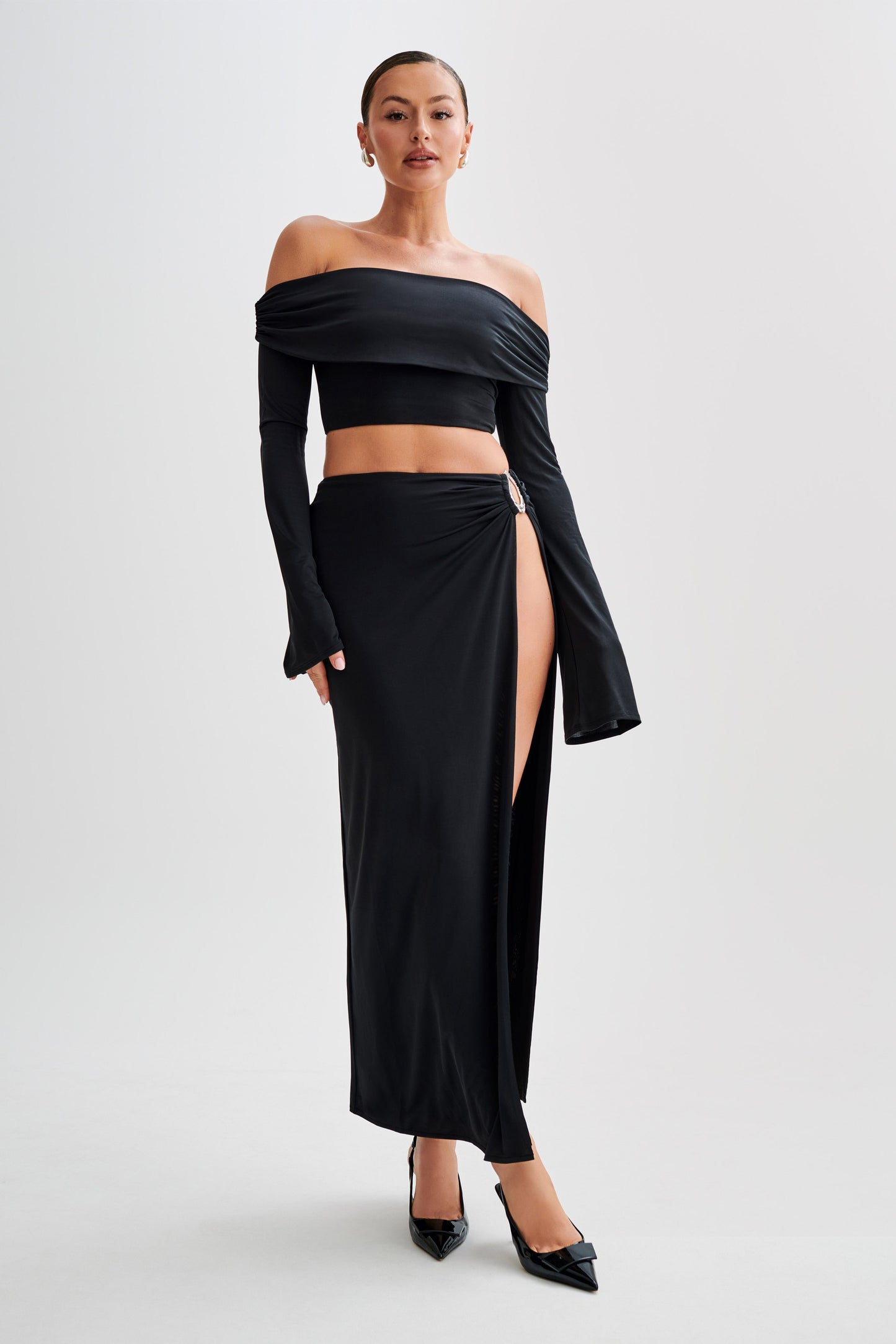 Camryn Slinky Off Shoulder Crop Top - Black