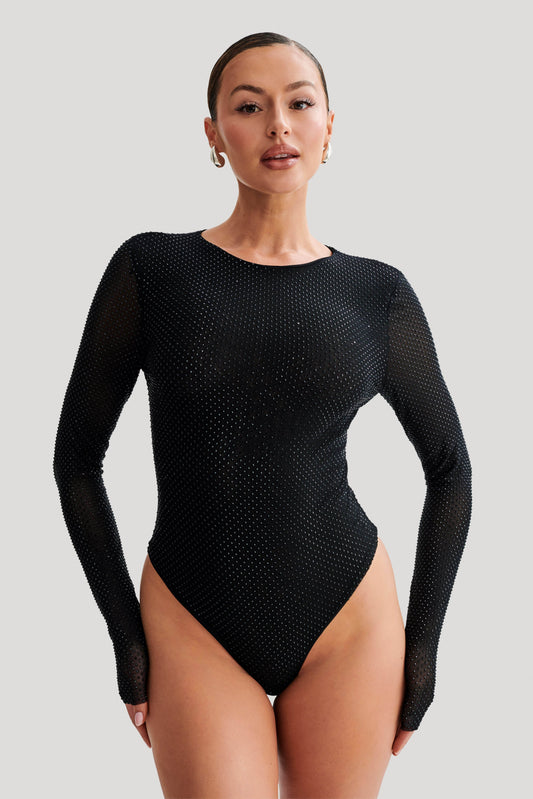 Selma Long Sleeve Diamante Bodysuit - Black/Black