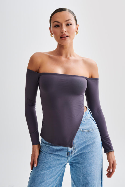 Carmen Recycled Nylon Off Shoulder Top - Charcoal