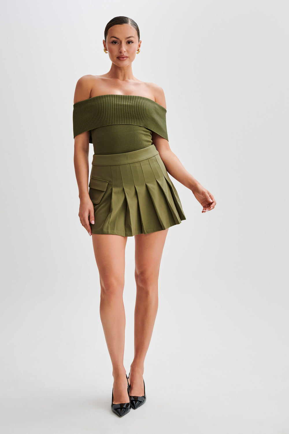 Susanna Off Shoulder Knit Top - Military Olive