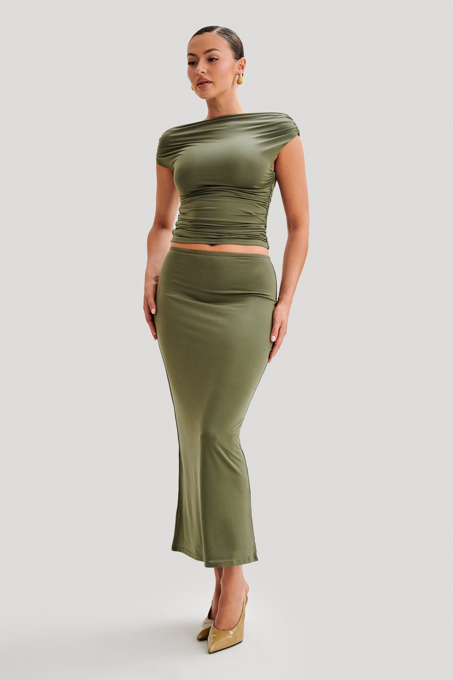 Charlene Slinky Midi Skirt - Olive