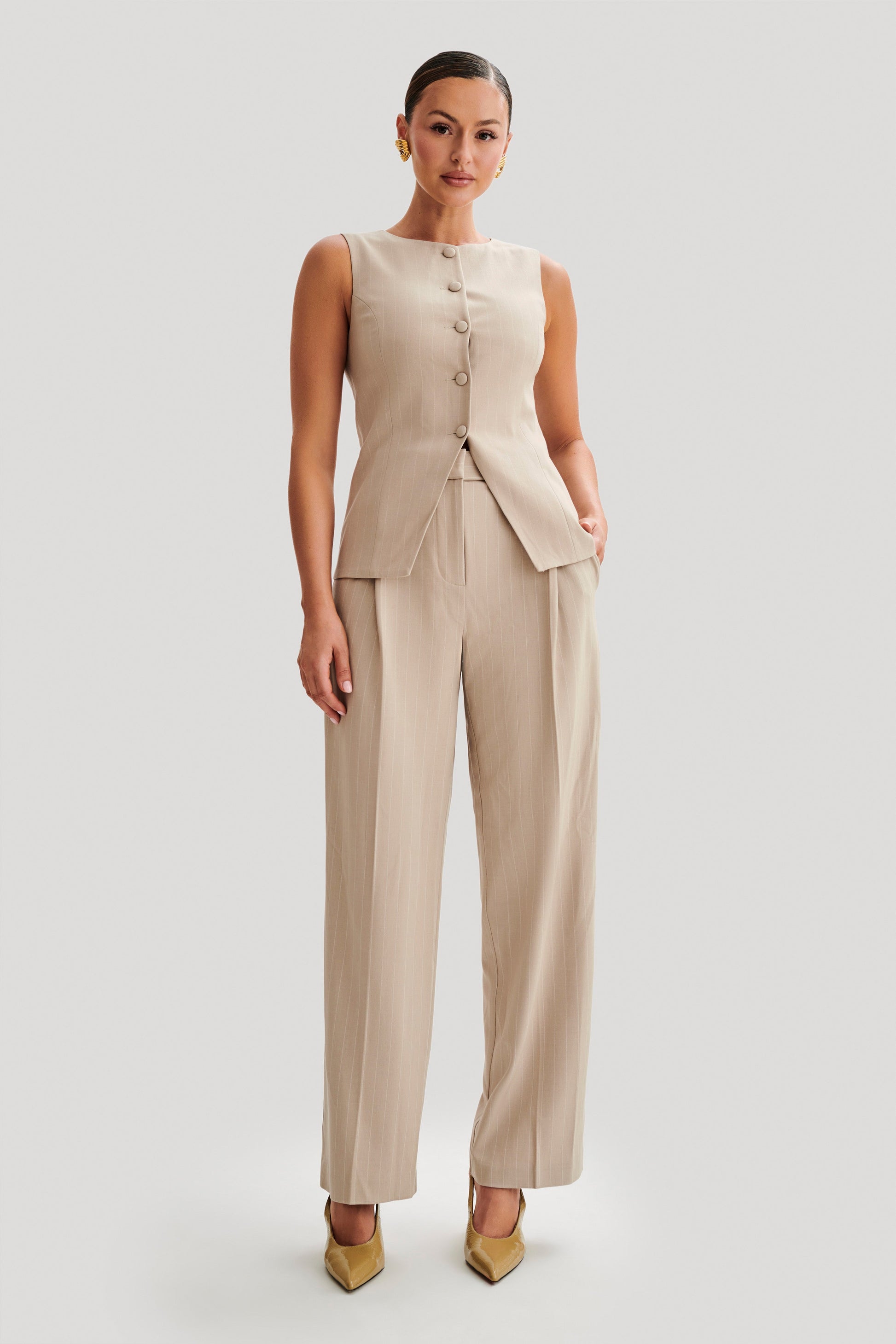 Amelie Suiting Straight Leg Pants - Taupe Pinstripe #5
