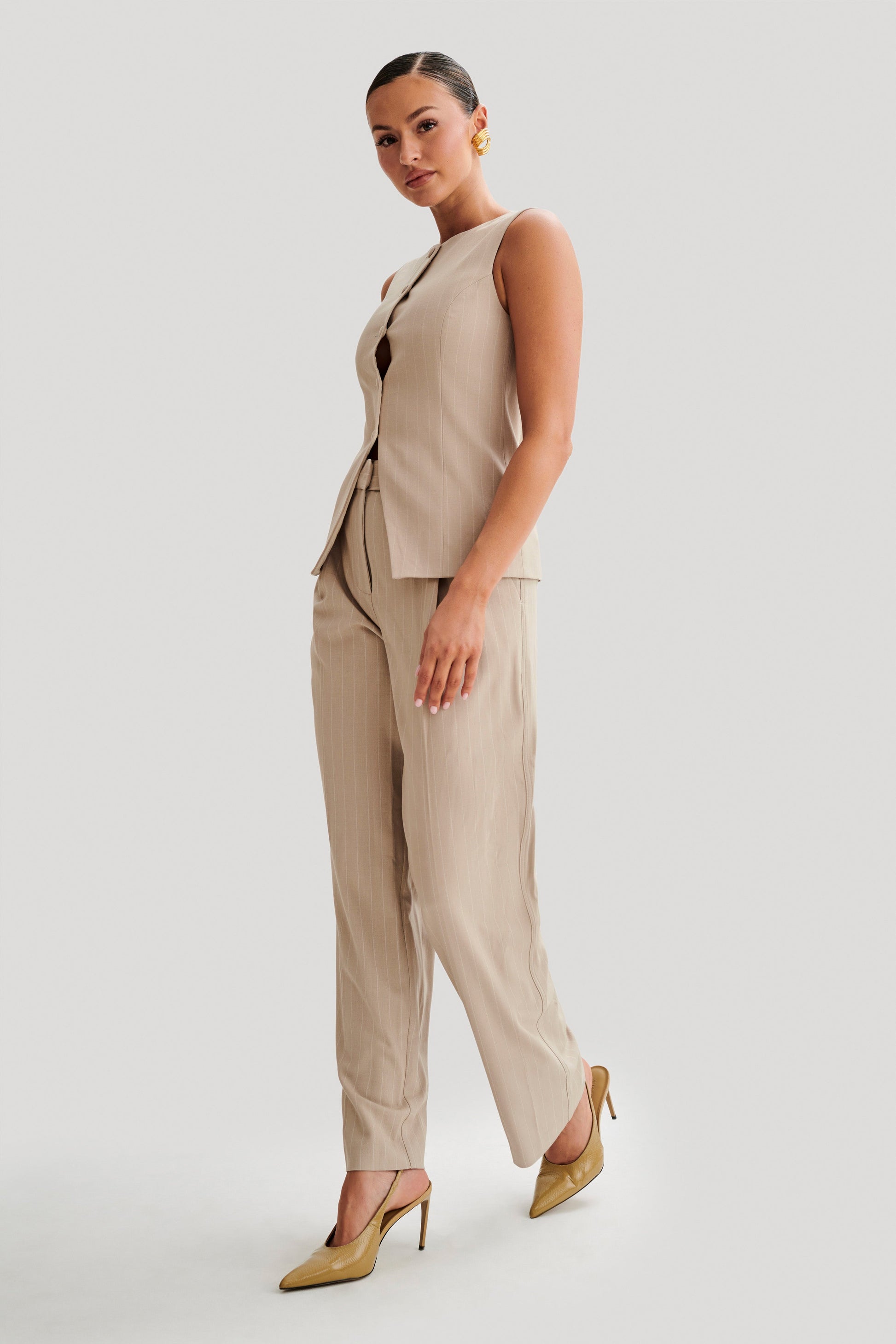Amelie Suiting Straight Leg Pants - Taupe Pinstripe #4