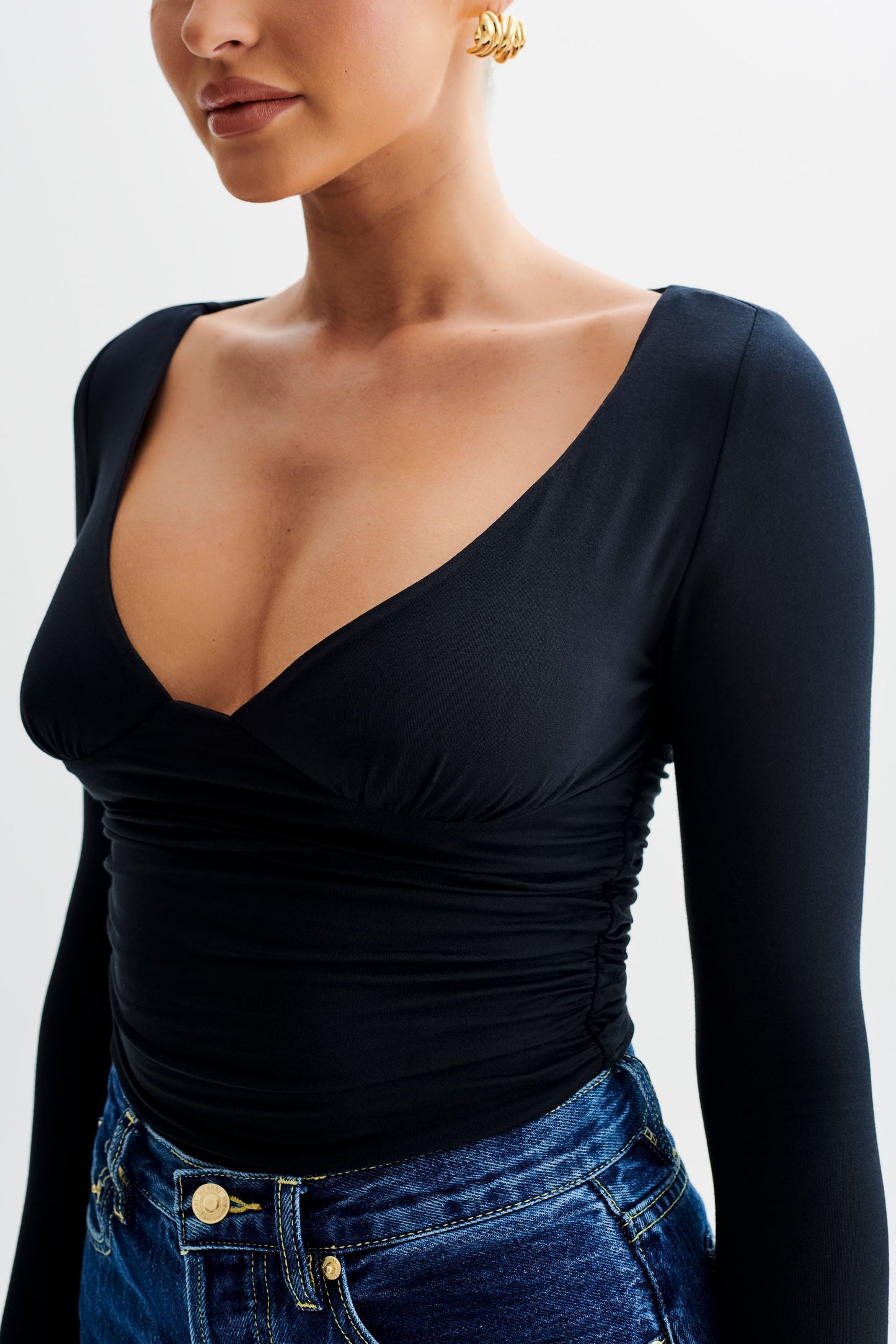 Sutton Ruched Long Sleeve Top - Black