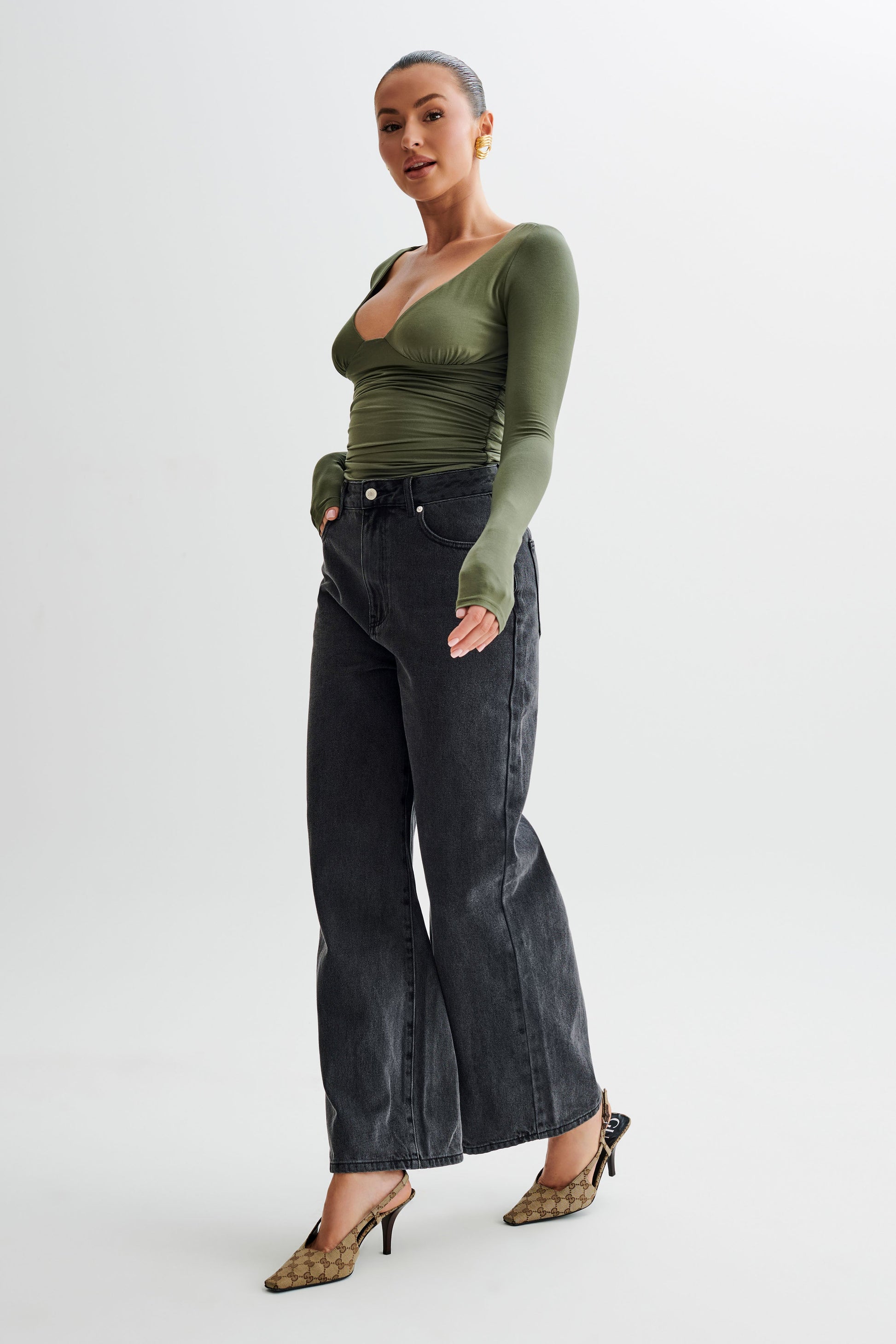 Sutton Ruched Long Sleeve Top - Military Olive #4