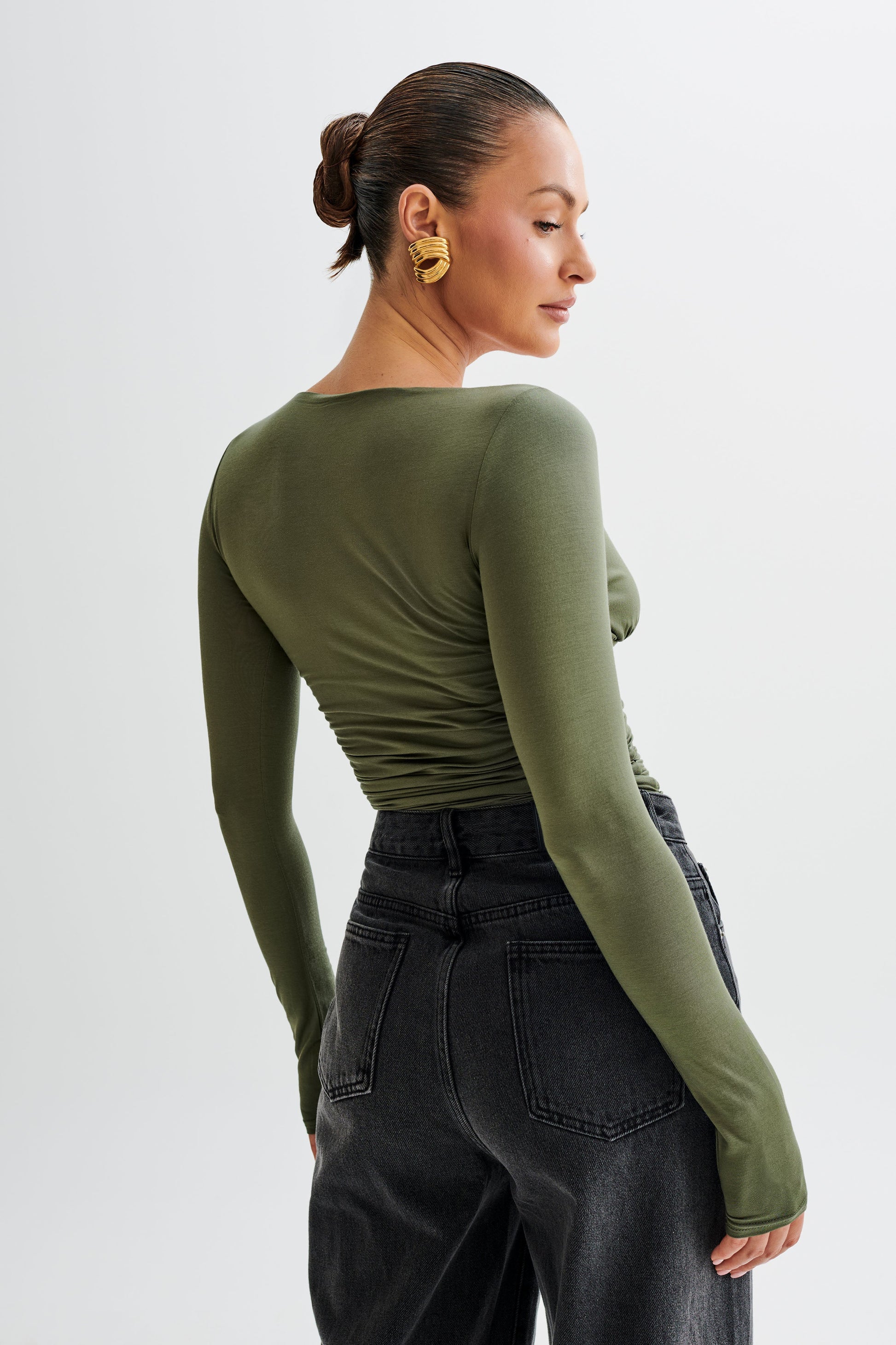 Sutton Ruched Long Sleeve Top - Military Olive #2