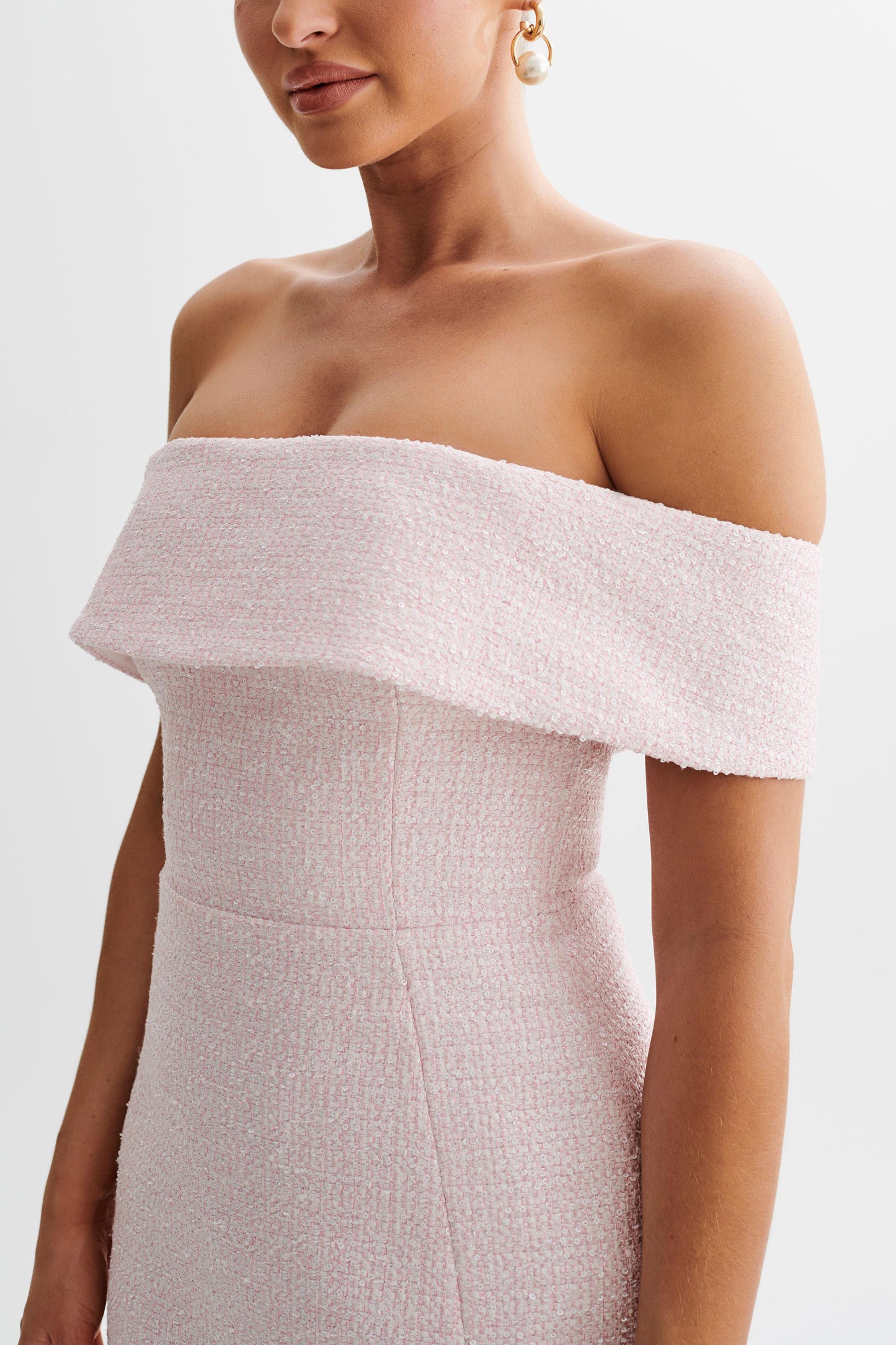 Helena Tweed Off Shoulder Mini Dress - Pink