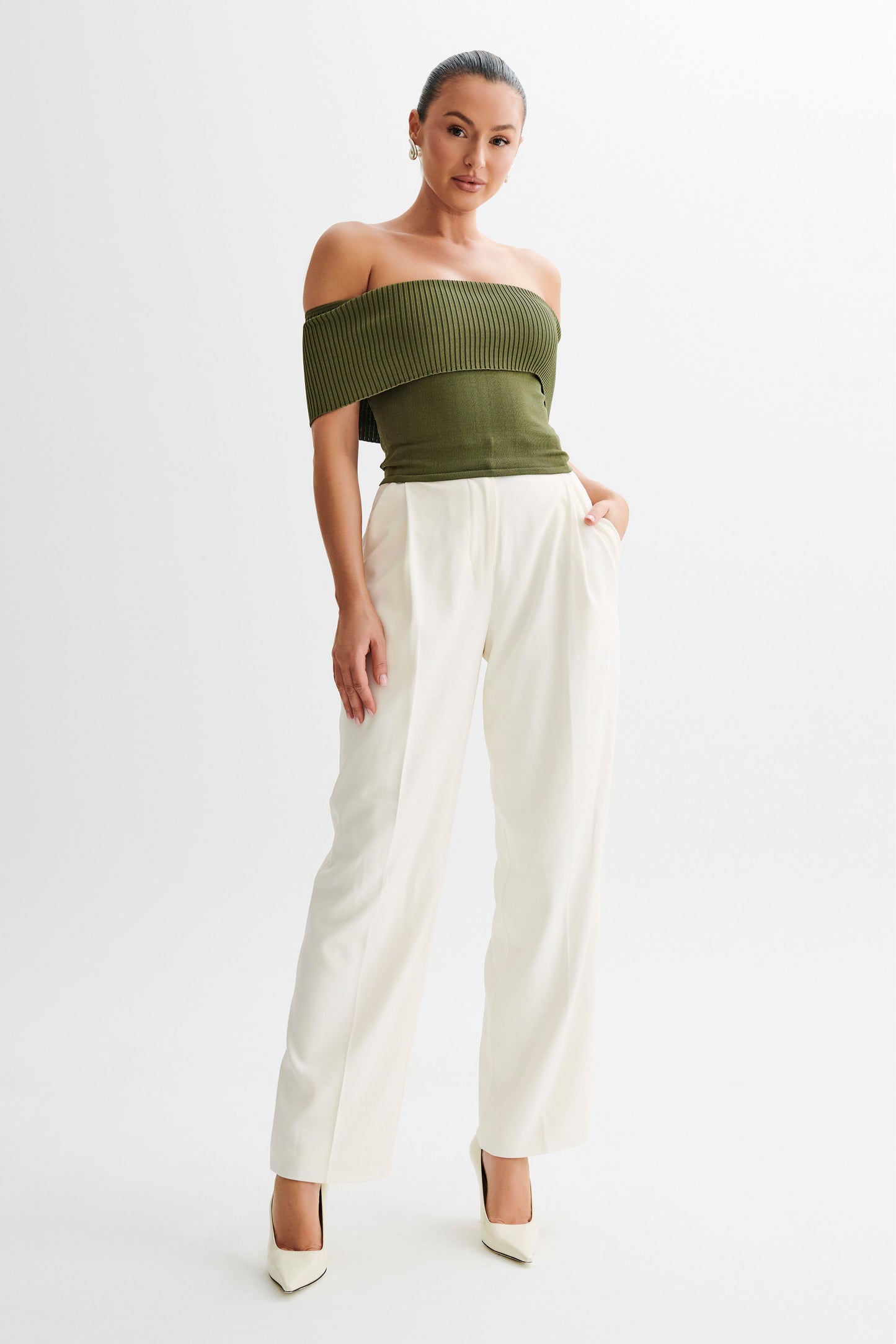 Susanna Off Shoulder Knit Top - Military Olive