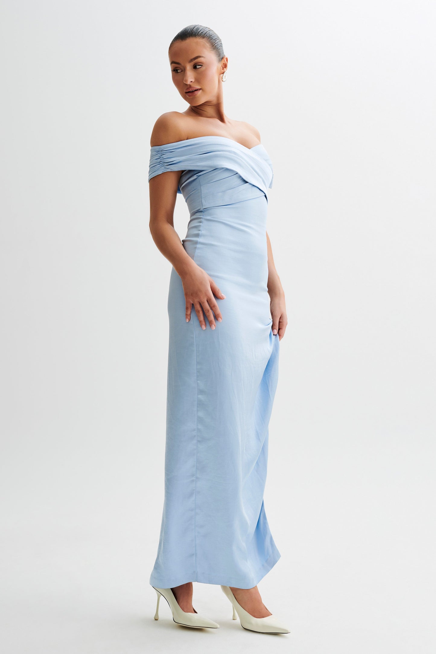 Harley Off Shoulder Satin Maxi Dress - Cornflower Blue