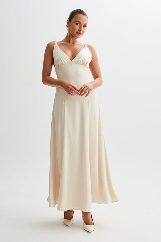 Kamala Low Back Satin Maxi Dress - Sand