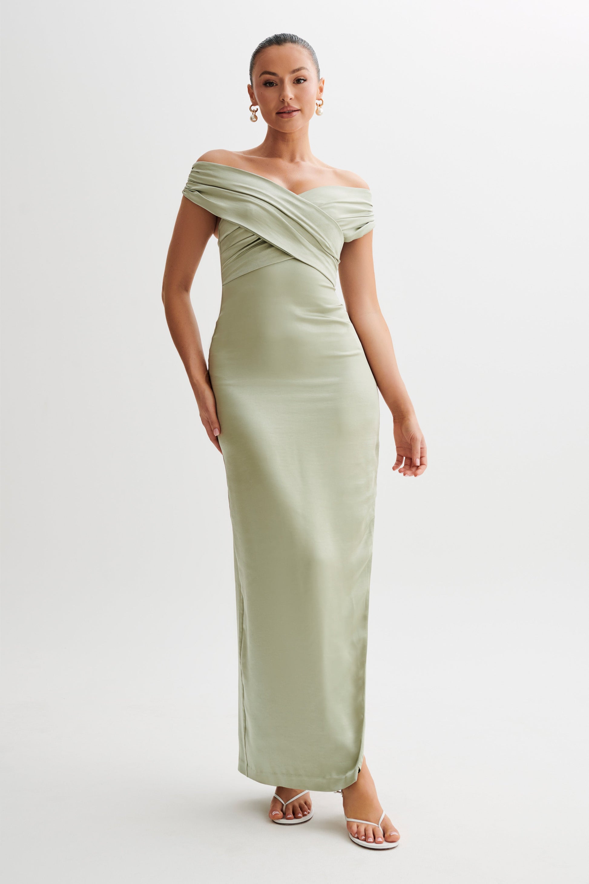 Harley Off Shoulder Satin Maxi Dress - Sage #2