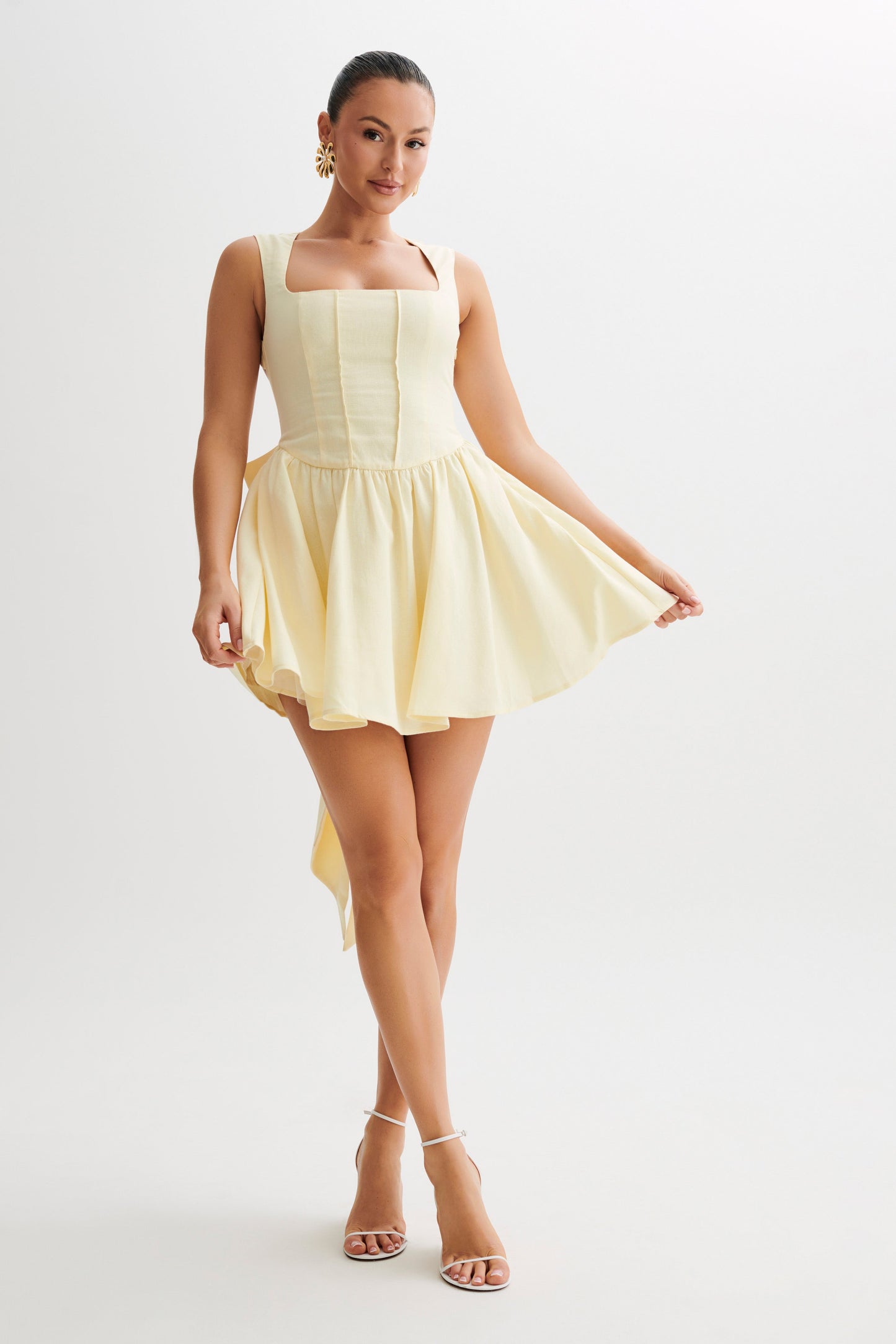 Marcella Linen Bow Back Mini Dress - Lemon Sherbet