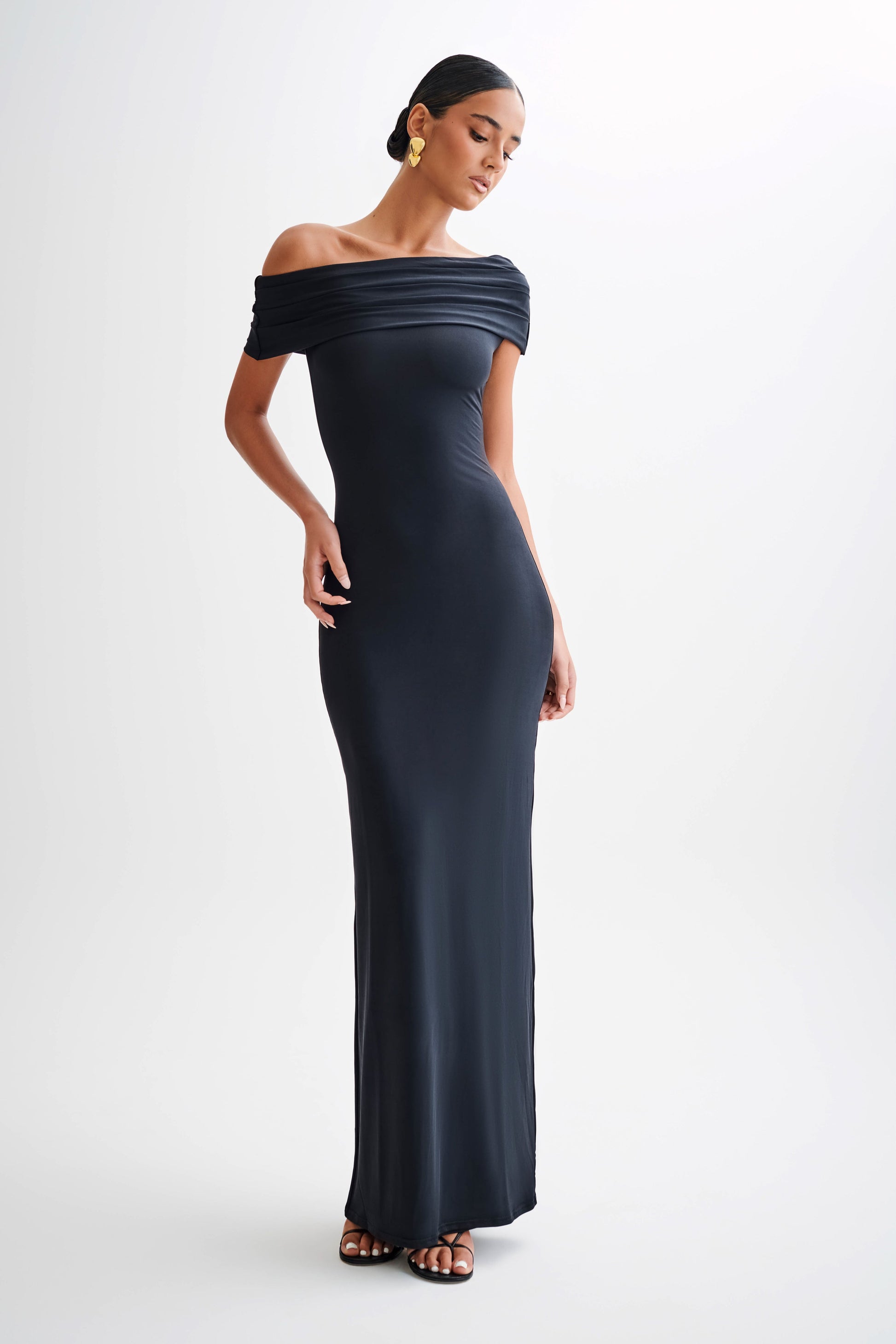 Cassandra Off Shoulder Slinky Maxi Dress - Black #5