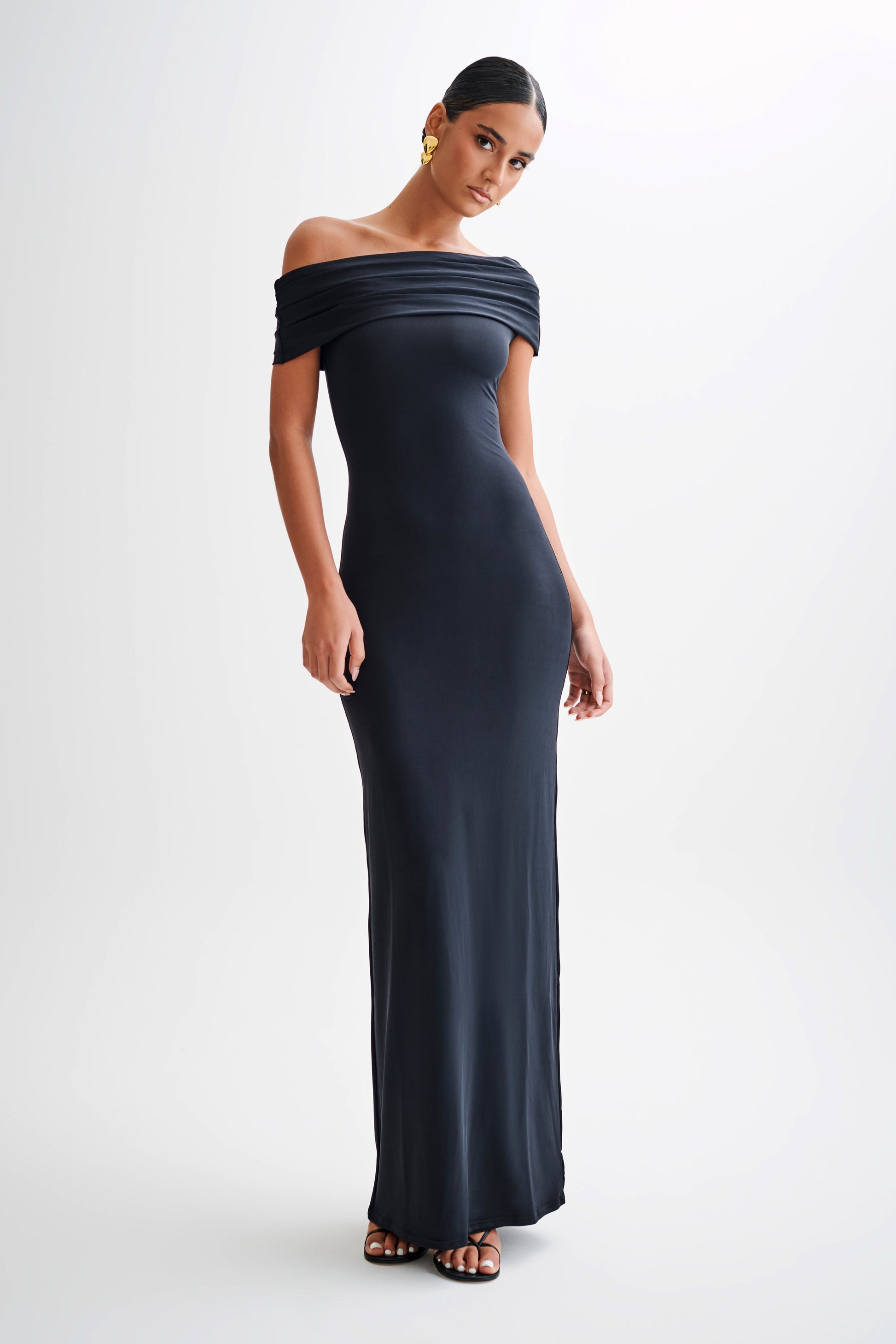 off the shoulder black dress long Criss Cross Size medium measures 56.5 from top to bottom Elegant Black Sleeveless A-line Maxi