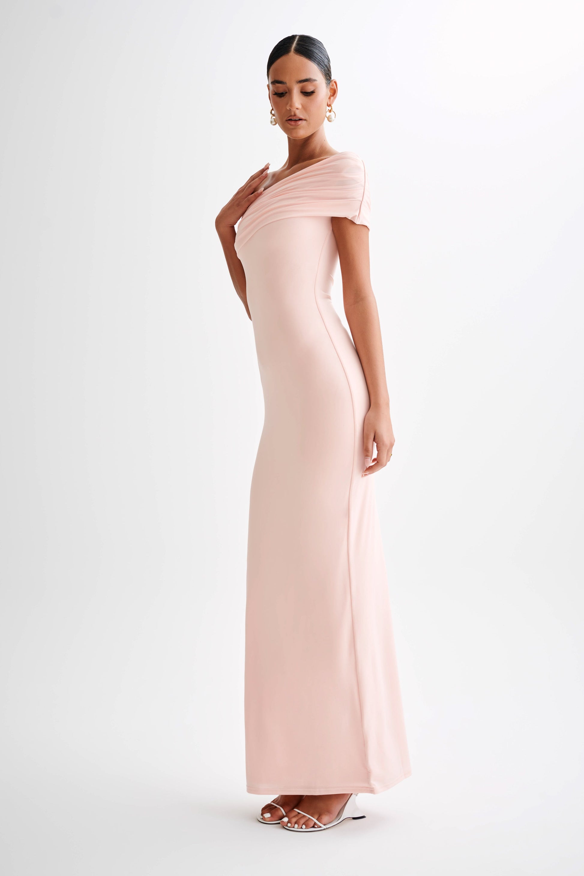 Cassandra Off Shoulder Slinky Maxi Dress - Pale Pink #5