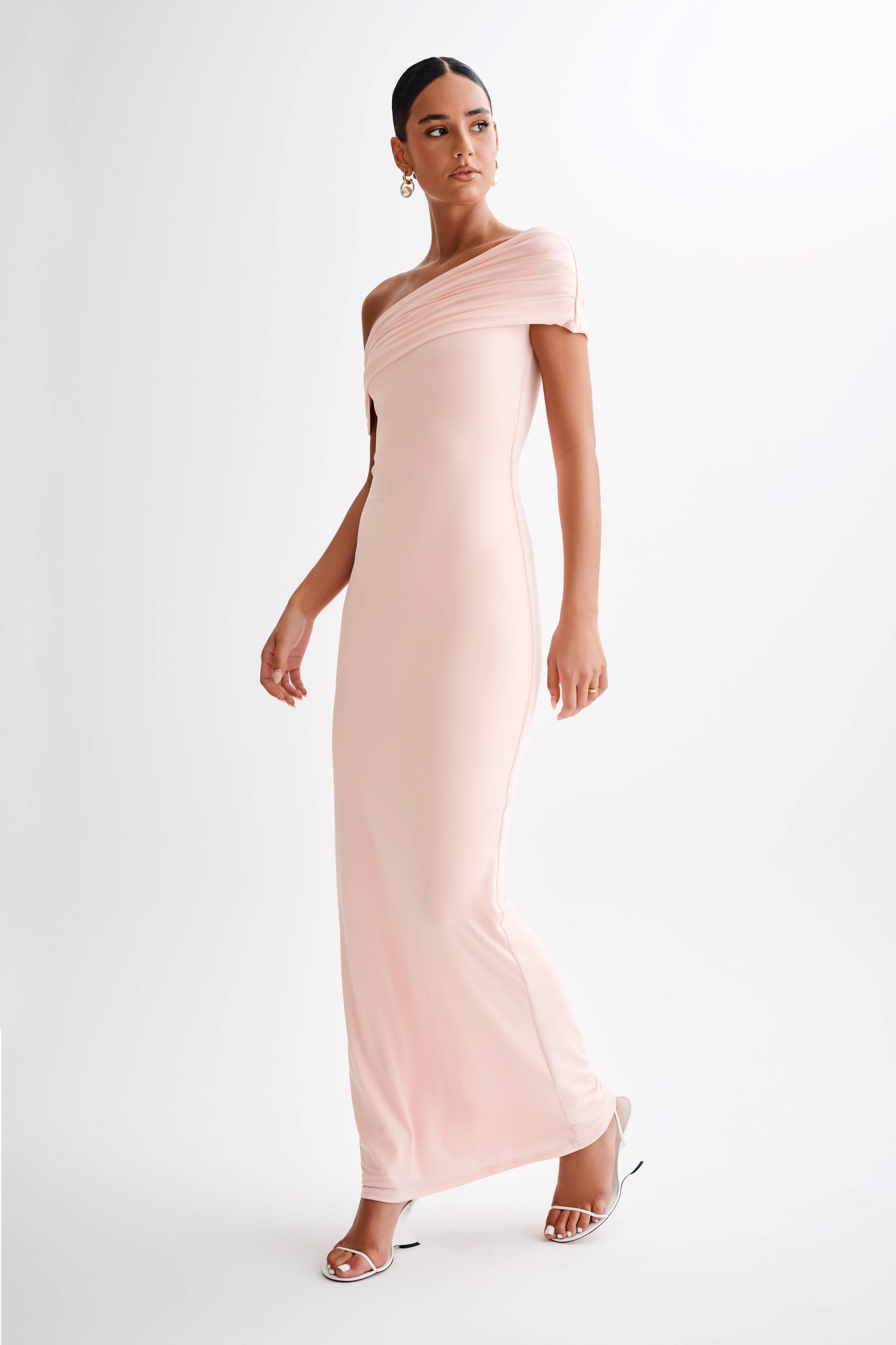 Cassandra Off Shoulder Slinky Maxi Dress - Pale Pink #4