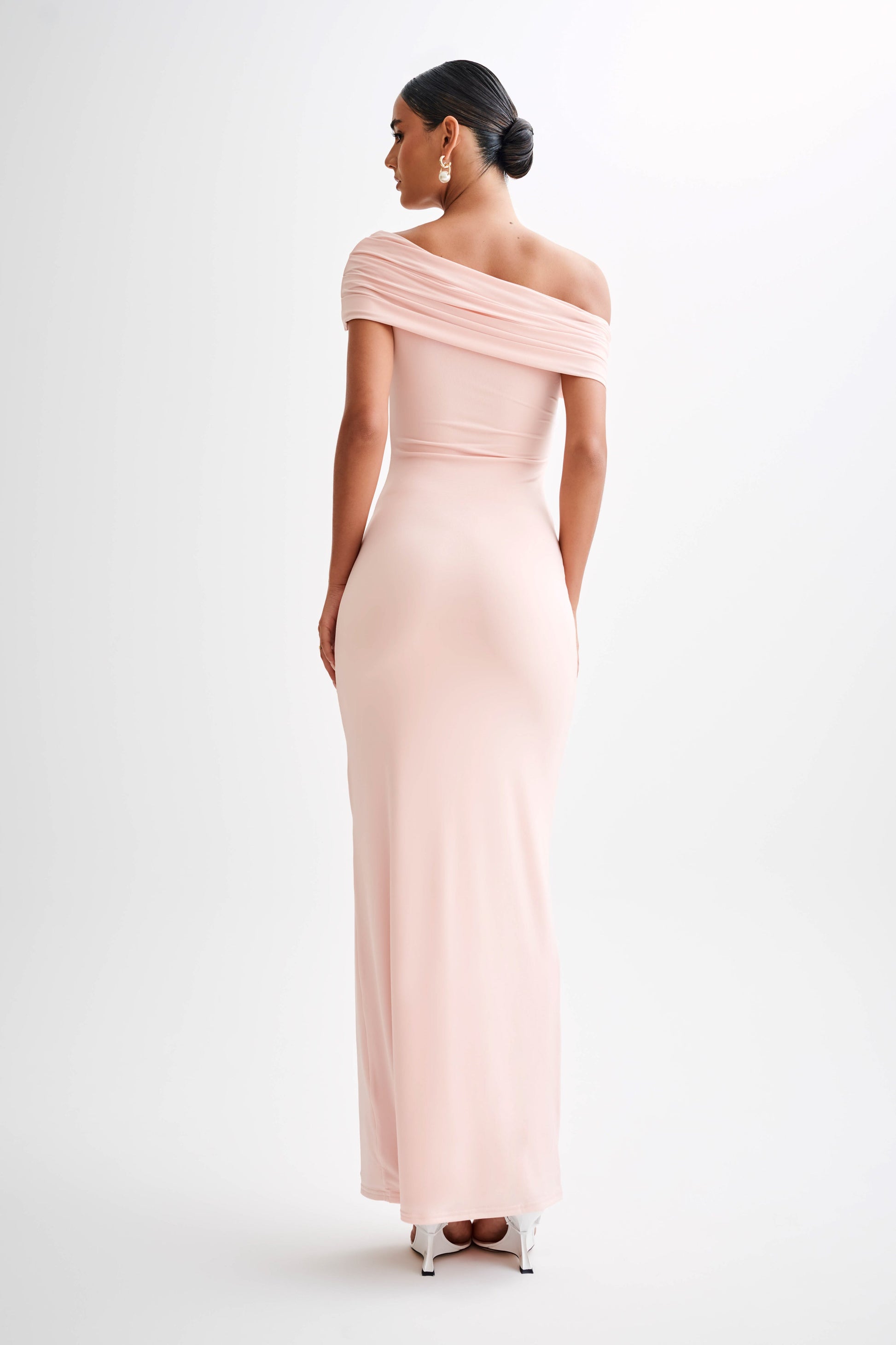 Cassandra Off Shoulder Slinky Maxi Dress - Pale Pink #3