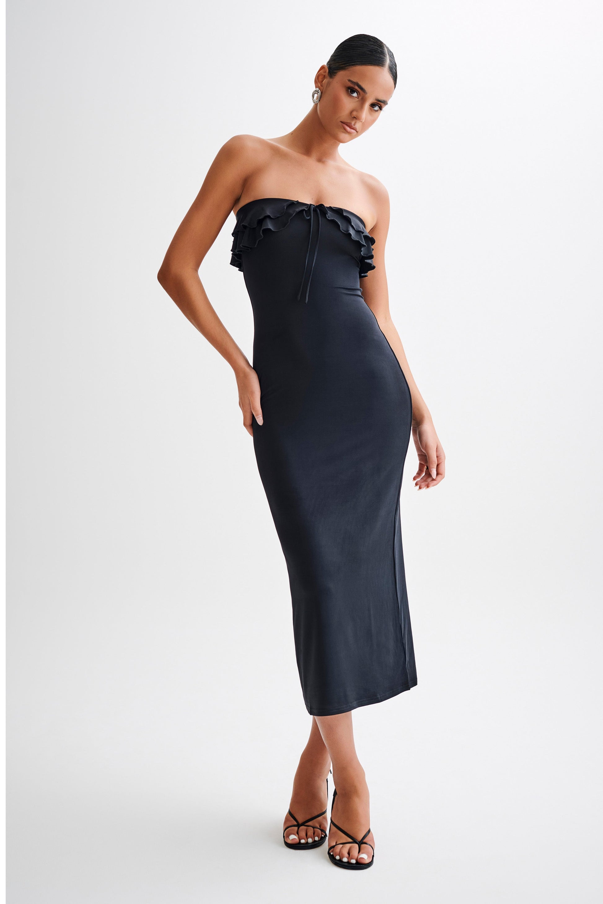 Bea Strapless Slinky Ruffle Midi Dress - Black #5