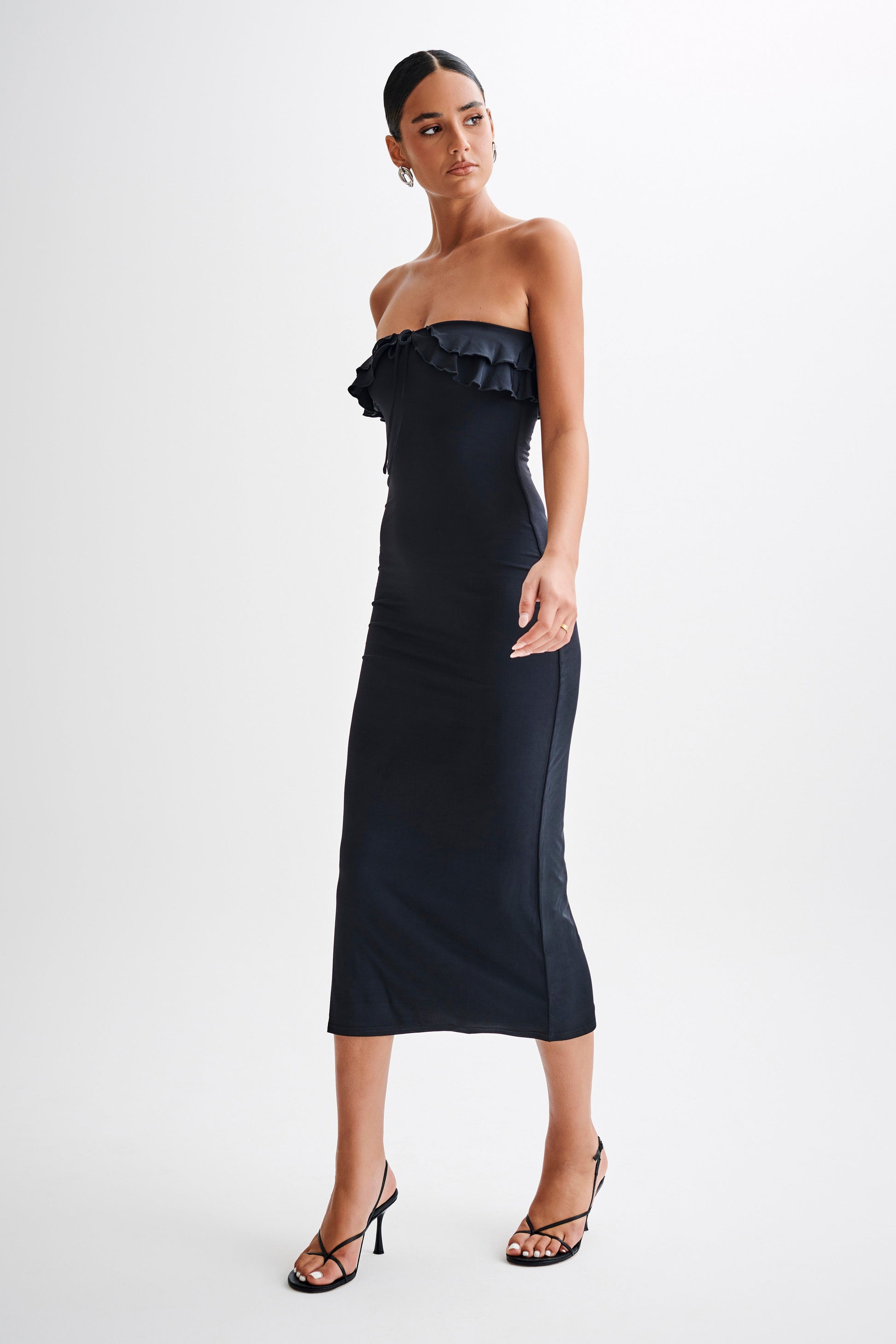 Bea Strapless Slinky Ruffle Midi Dress - Black #4