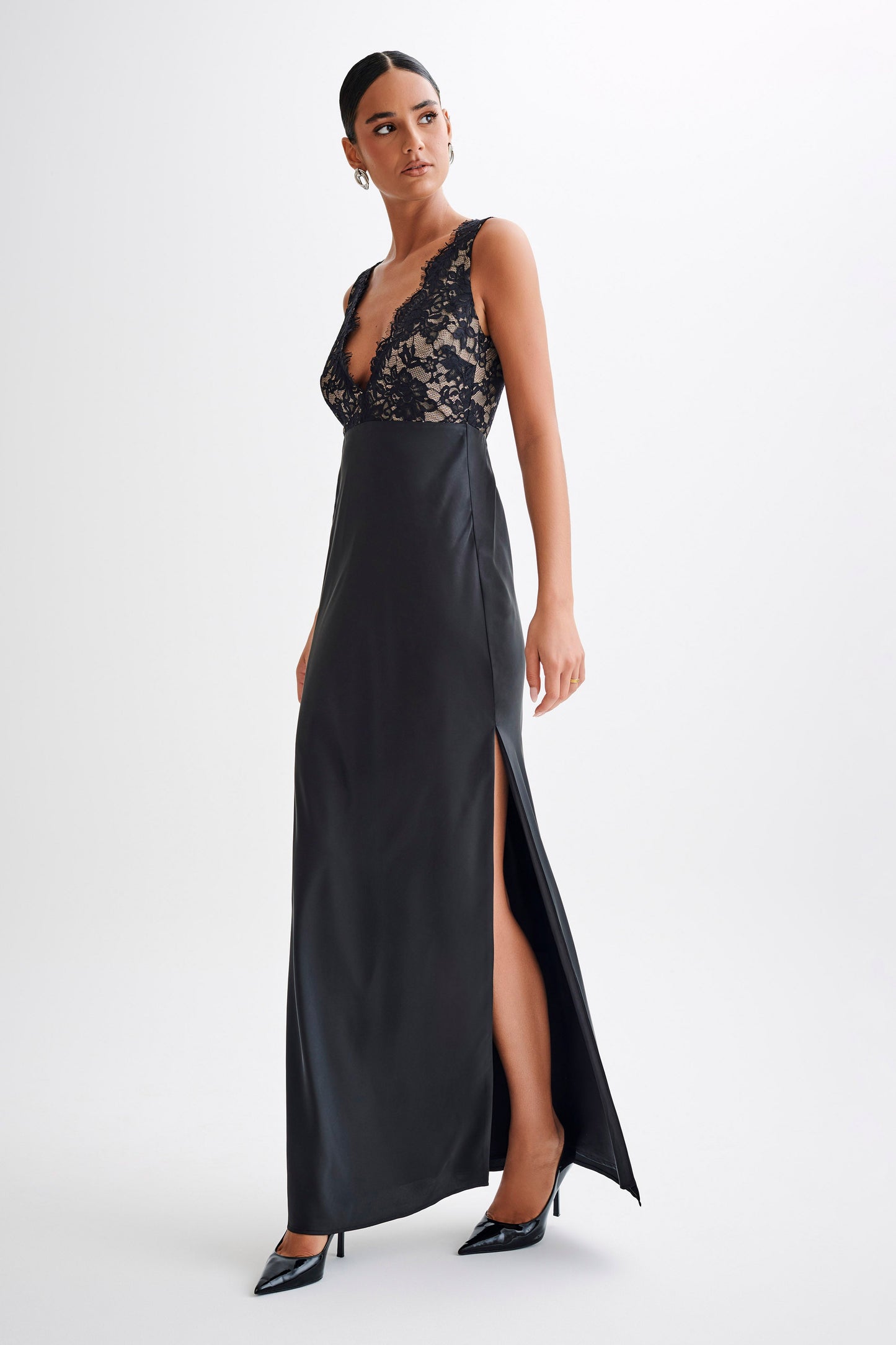 Ricci Satin And Lace Maxi Dress - Black