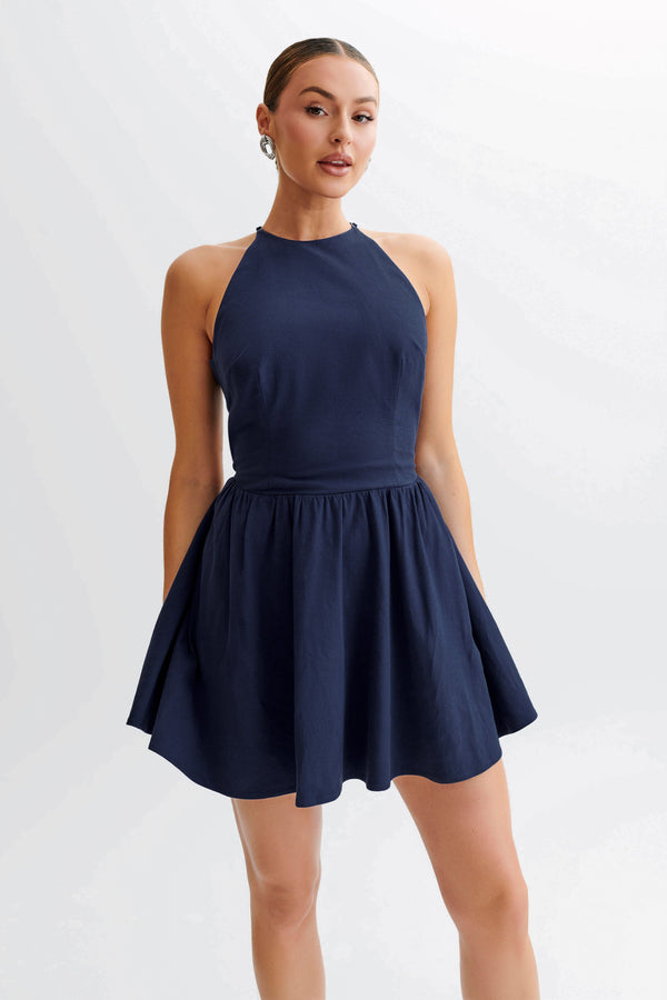 Carolina Cotton Halter Mini Dress Navy MESHKI UK