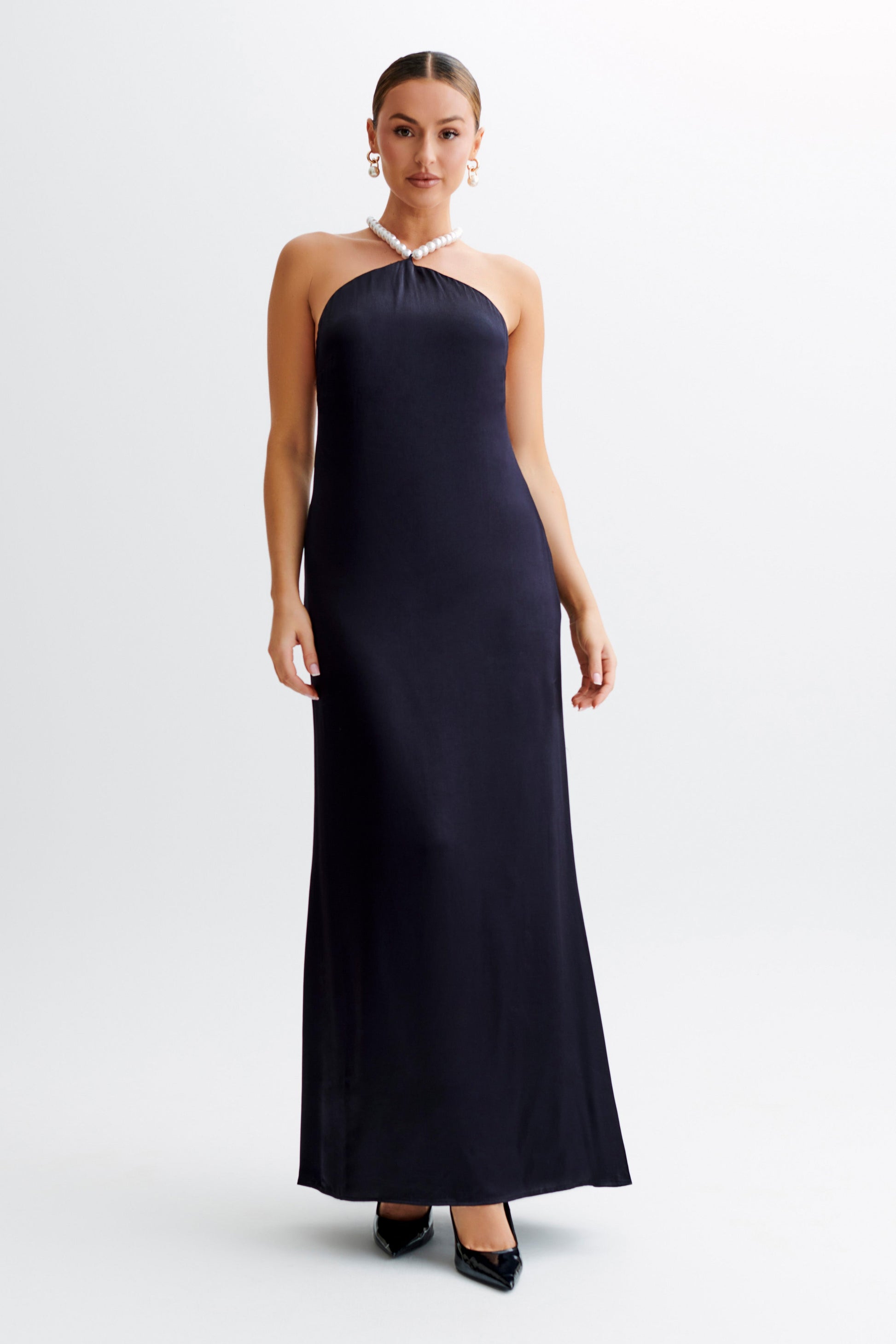 Blanche Satin Pearl Halter Maxi Dress - Black #2