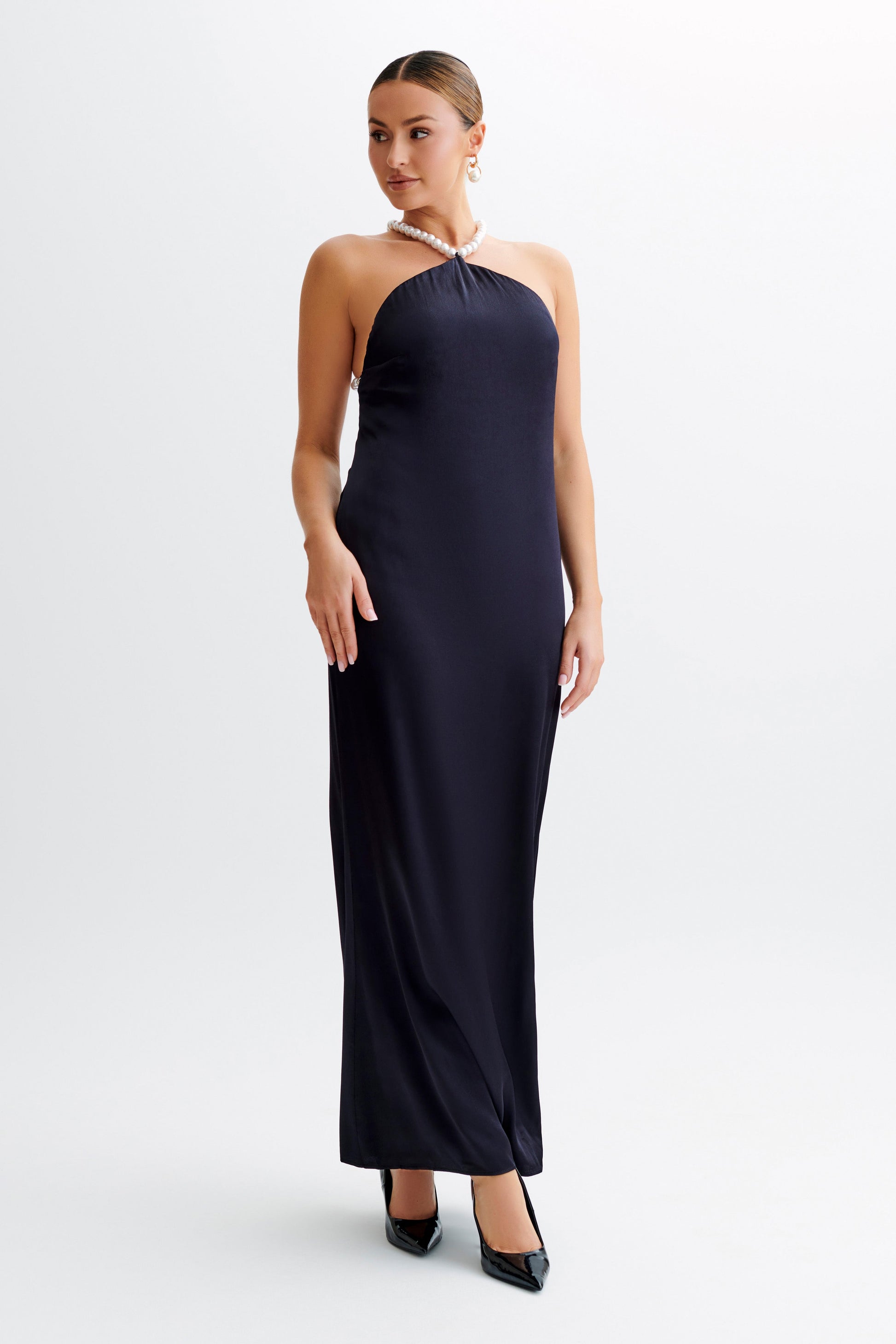 Blanche Satin Pearl Halter Maxi Dress - Black #6