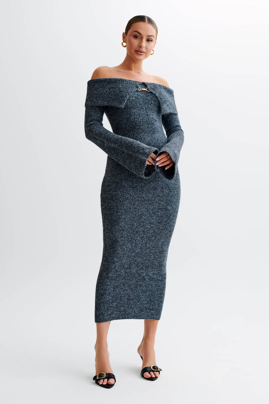 Baxter Off Shoulder Fluffy Knit Midi Dress - Charcoal