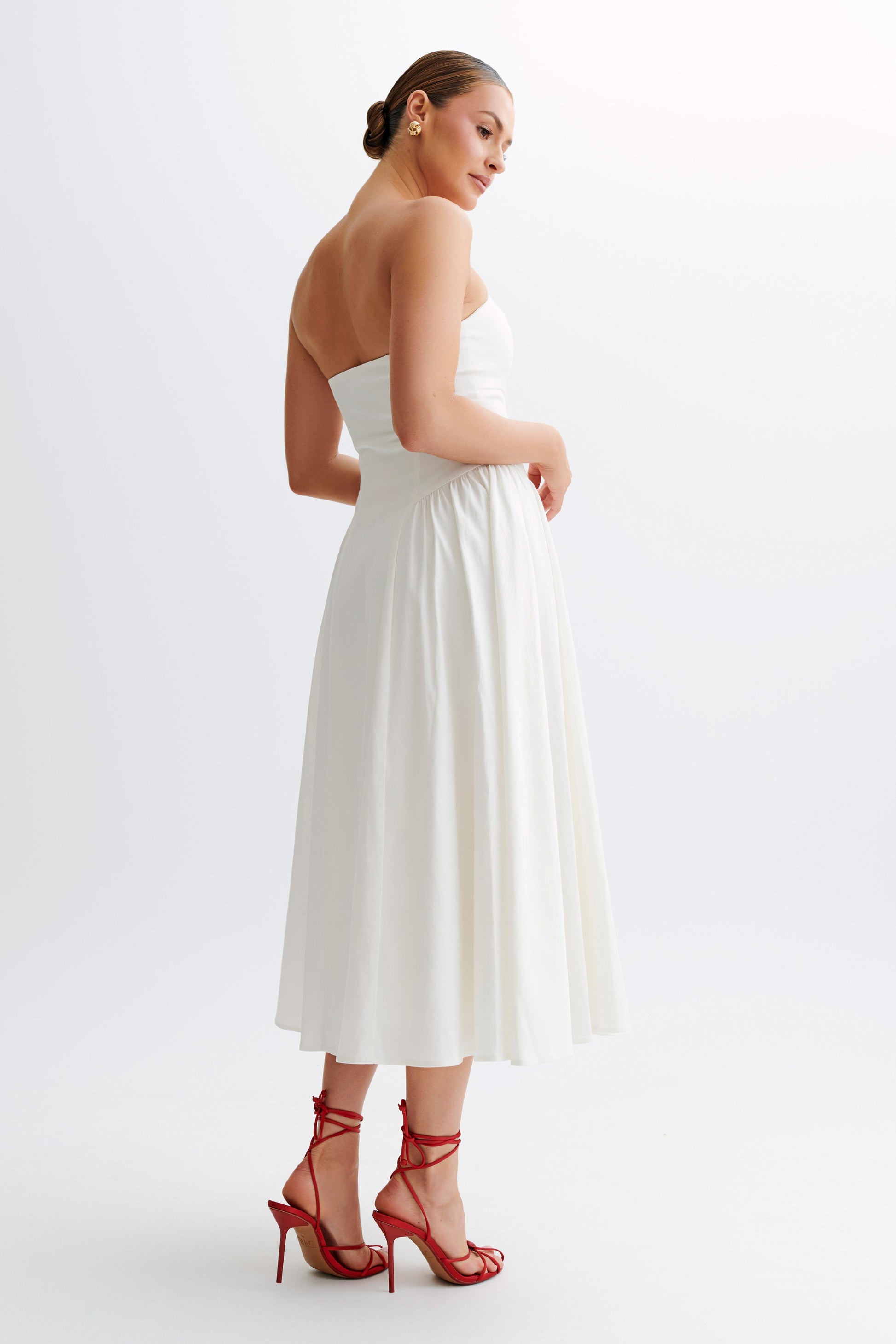 Carmele Cotton Gathered Midi Dress - White #4