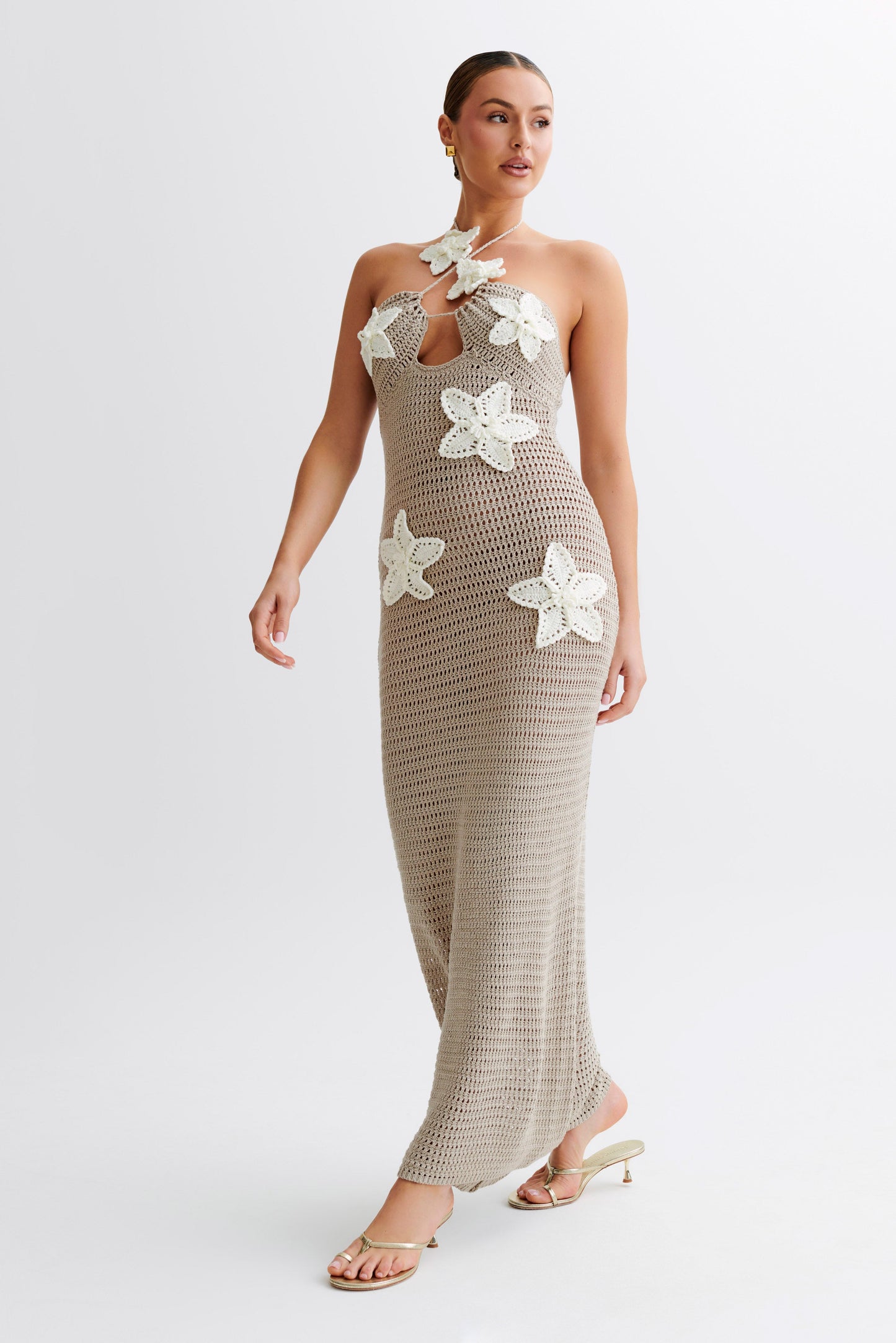 Kyla Floral Crochet Maxi Dress - Taupe/White