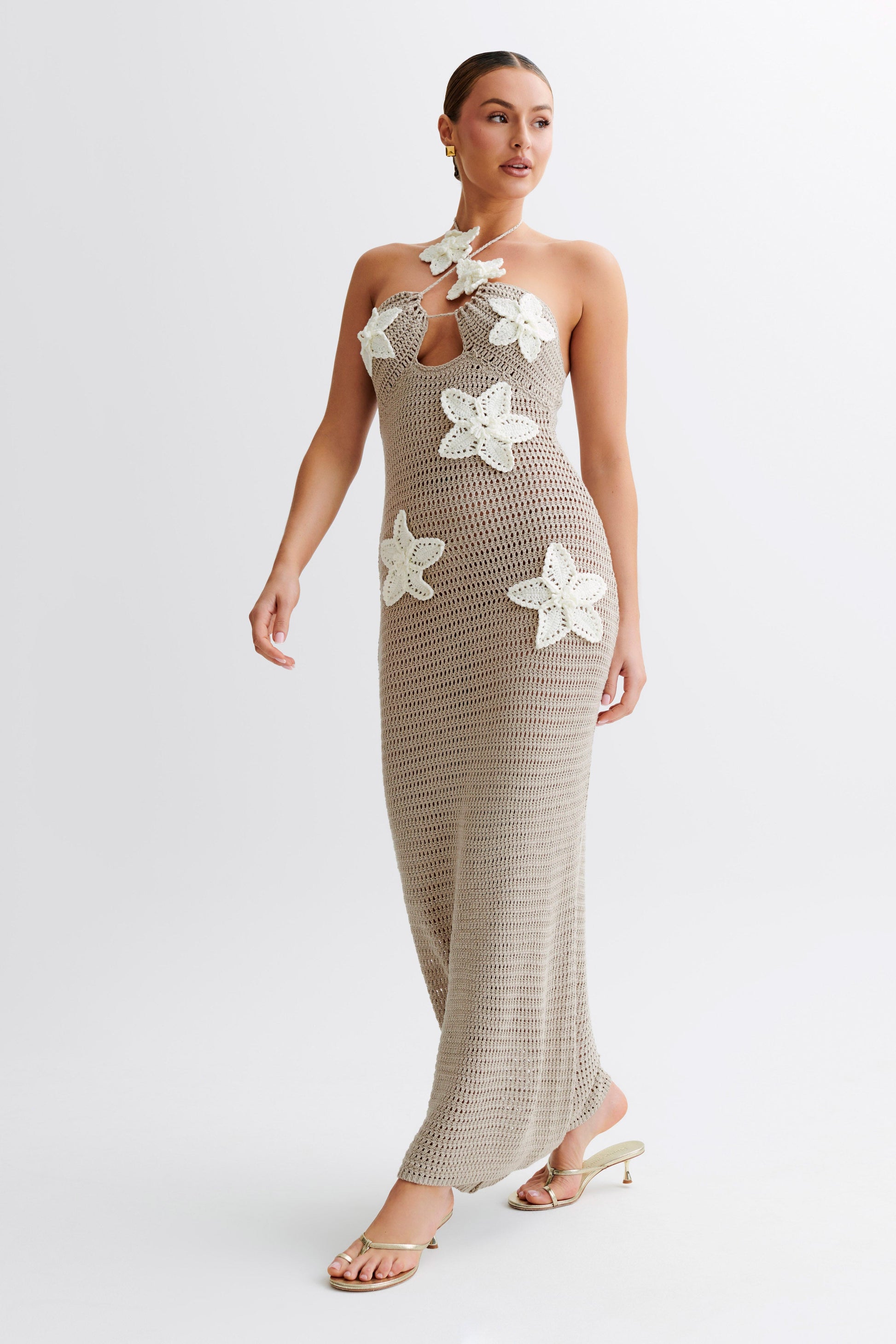 Kyla Floral Crochet Maxi Dress - Taupe/White #6