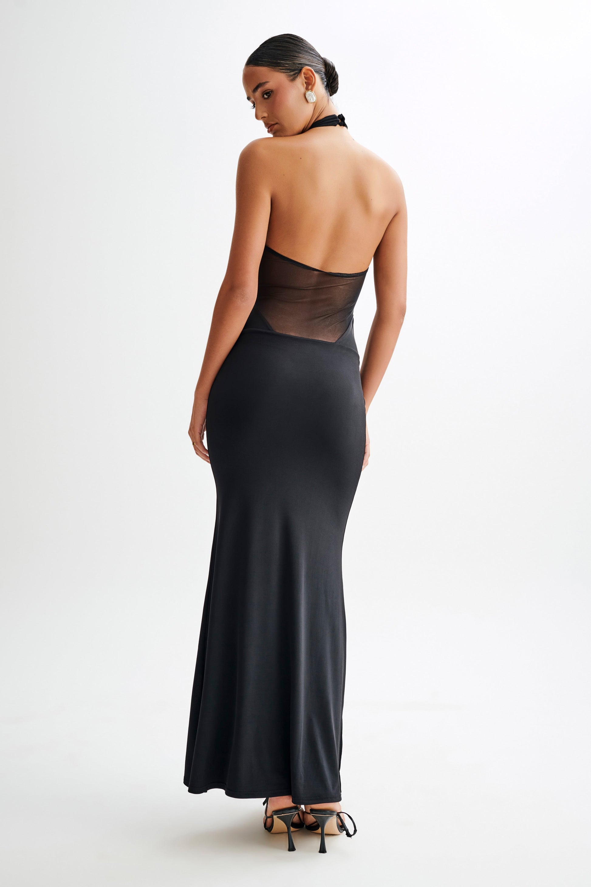 Caterina Slinky Mesh Halter Maxi Dress - Black #3