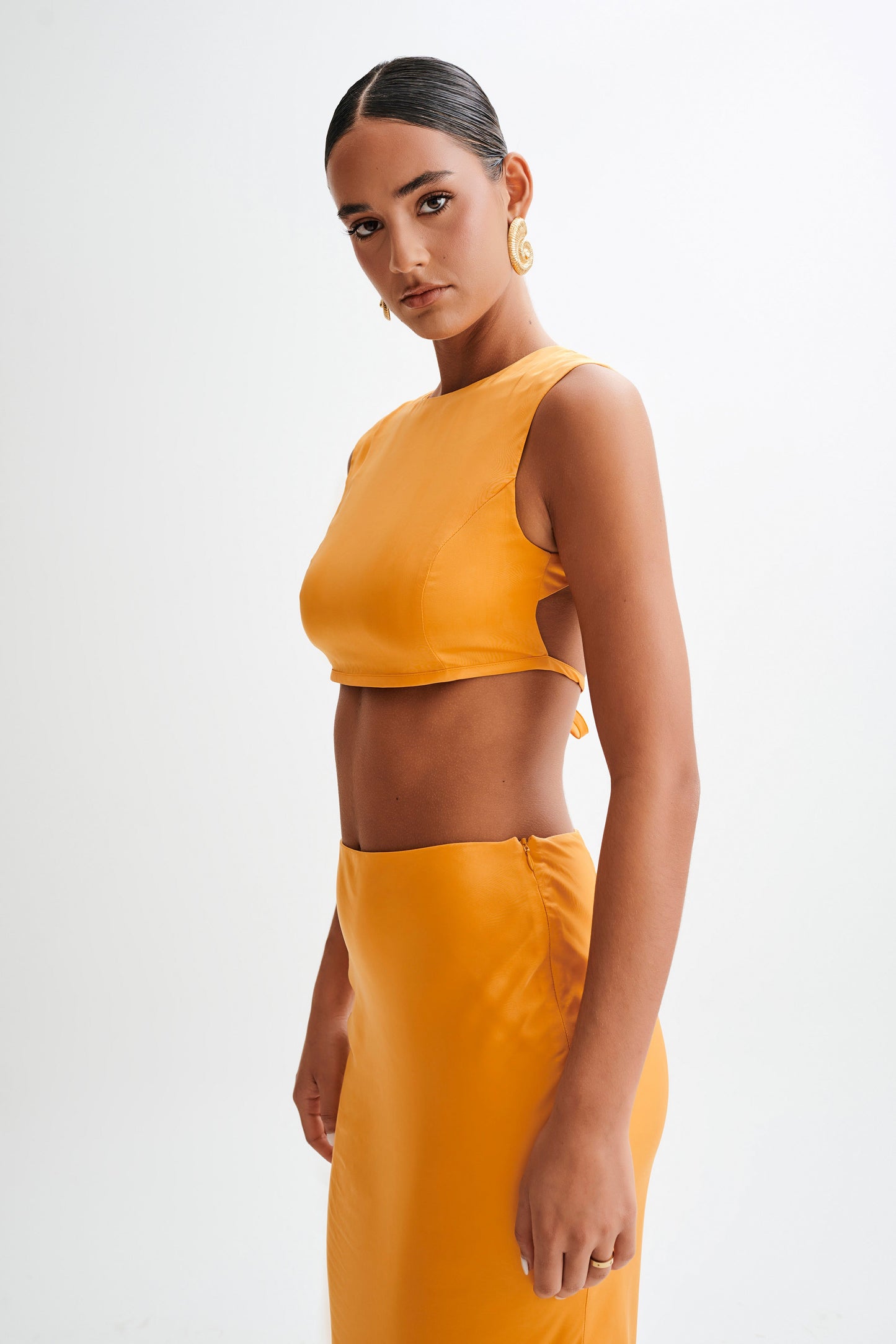 Viviana Satin Sleeveless Crop Top - Tangerine