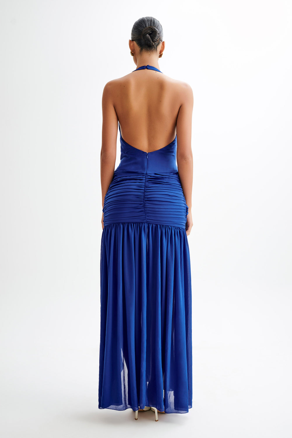 Graziana Satin Chiffon Plunge Maxi Dress - Cobalt Blue