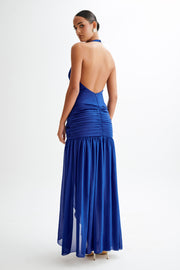 Graziana Satin Chiffon Plunge Maxi Dress - Cobalt Blue