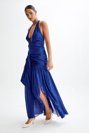 Graziana Satin Chiffon Plunge Maxi Dress - Cobalt Blue