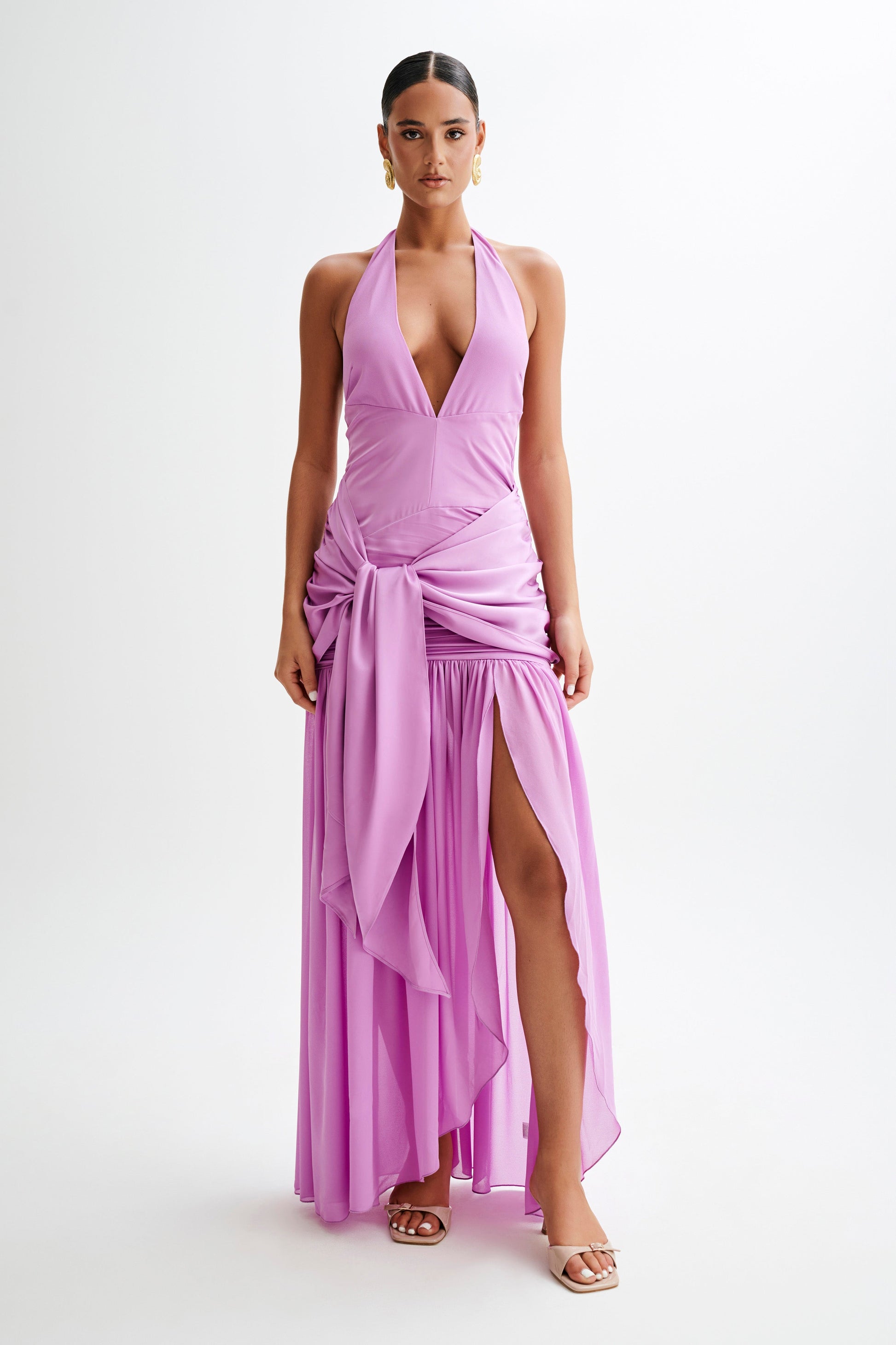Graziana Satin Chiffon Plunge Maxi Dress - Violet #7