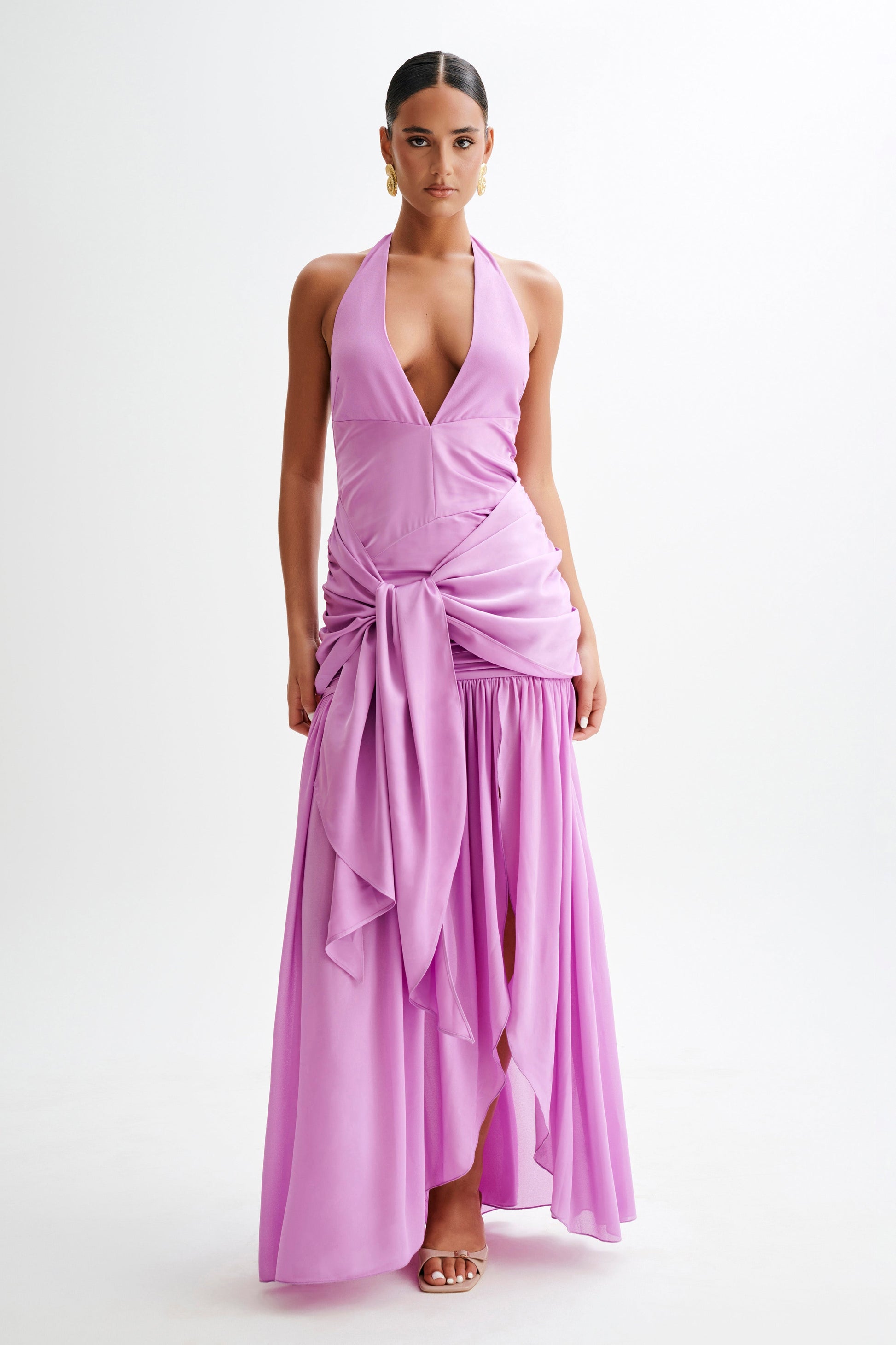 Graziana Satin Chiffon Plunge Maxi Dress - Violet #4