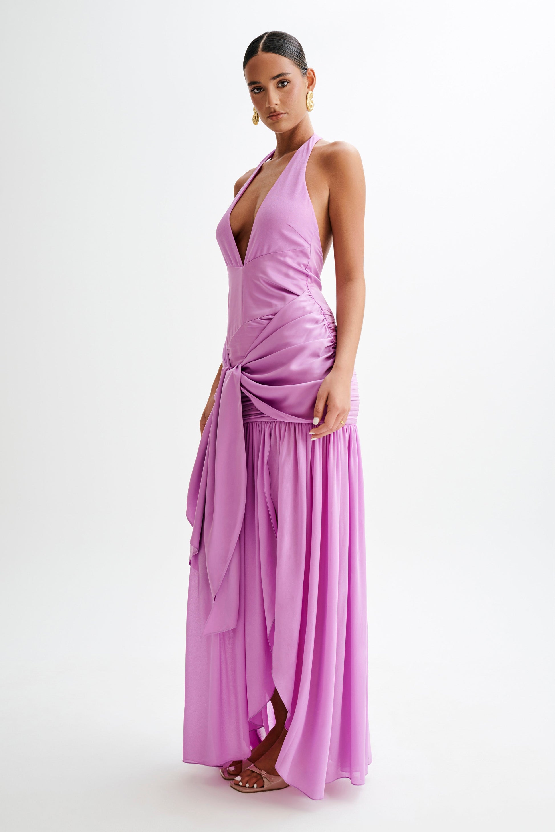 Graziana Satin Chiffon Plunge Maxi Dress - Violet #8