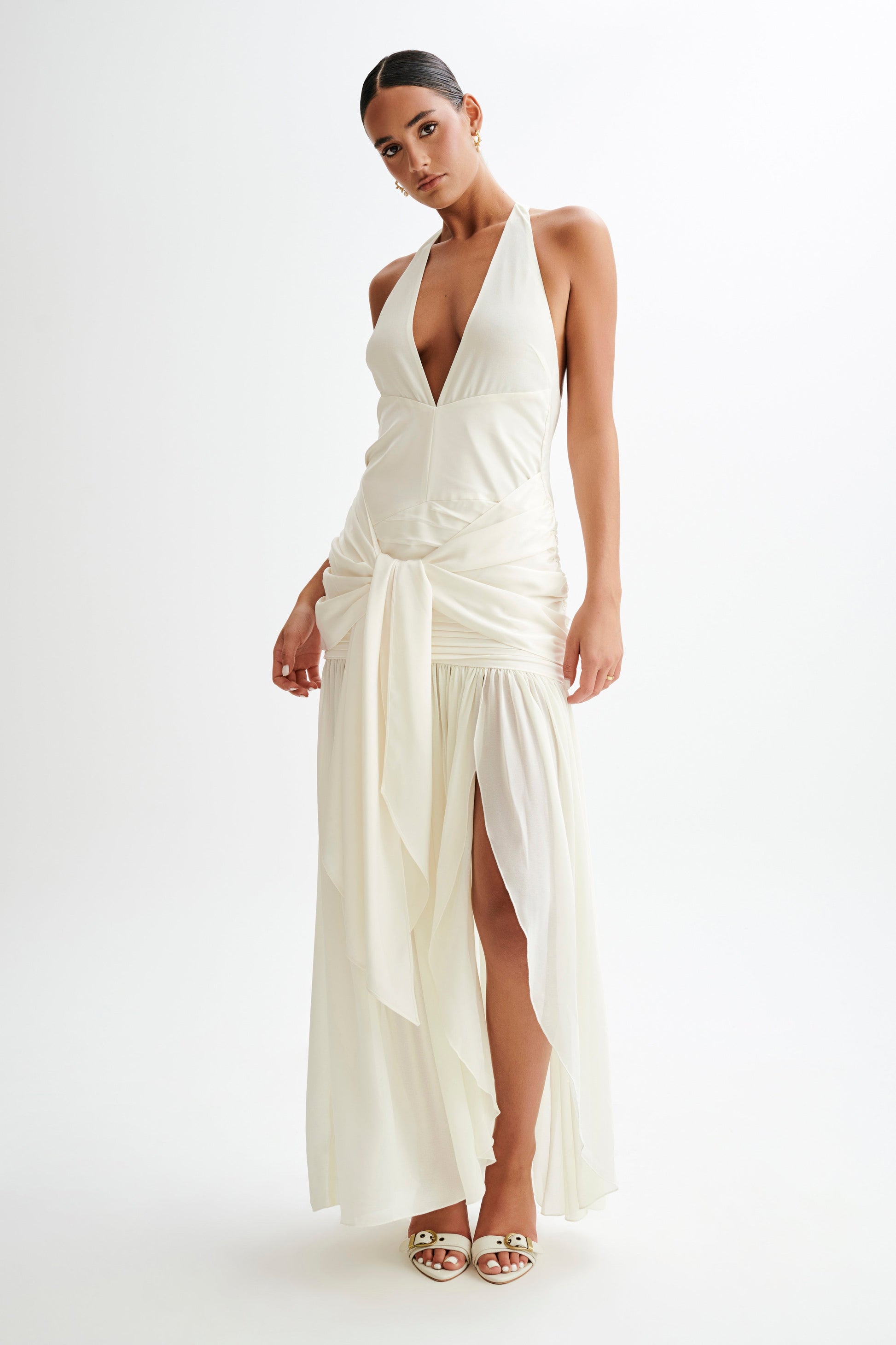 Graziana Satin Chiffon Plunge Maxi Dress - Ivory #9