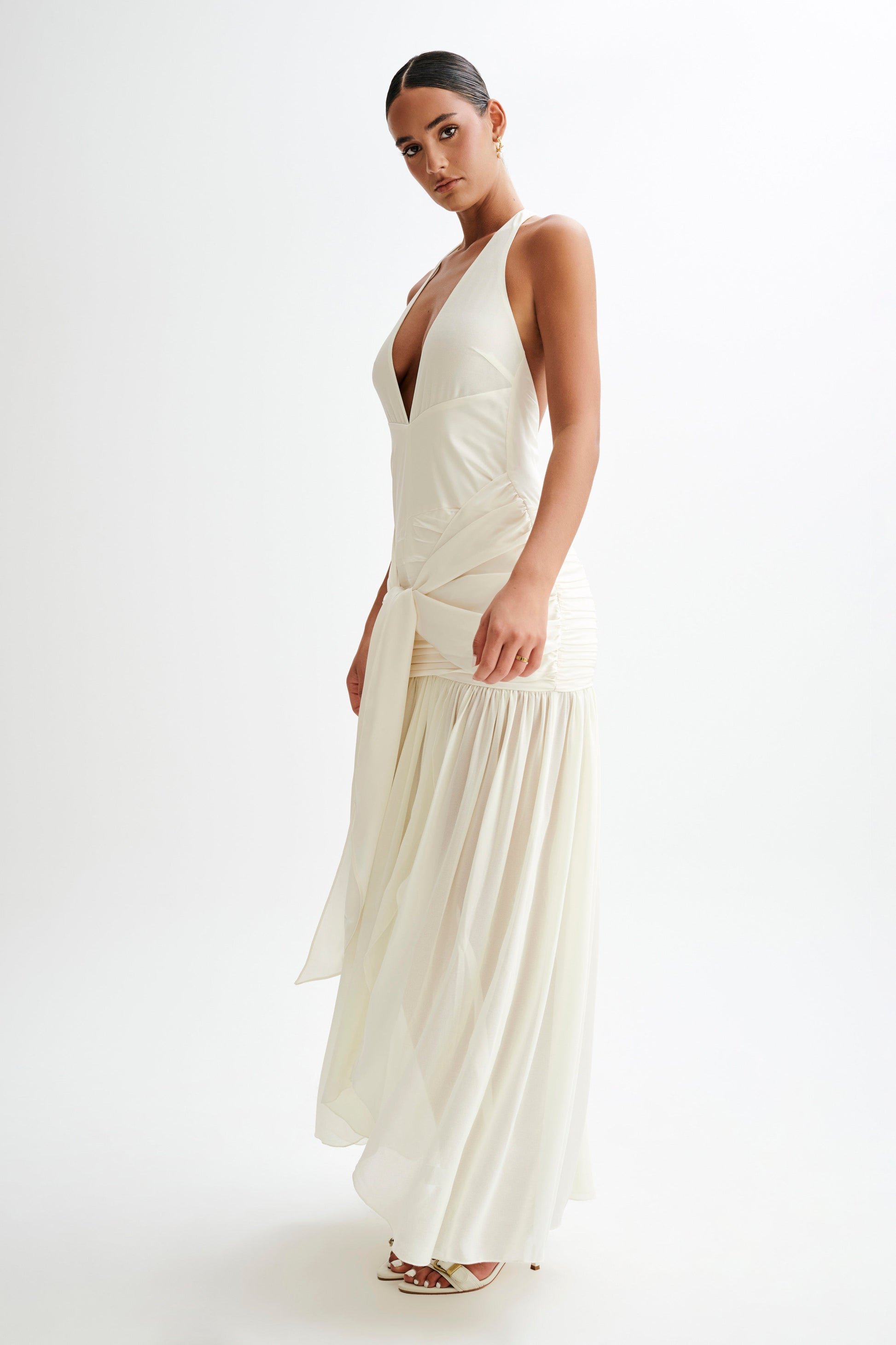 Graziana Satin Chiffon Plunge Maxi Dress - Ivory #10