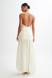 Graziana Satin Chiffon Plunge Maxi Dress - Ivory