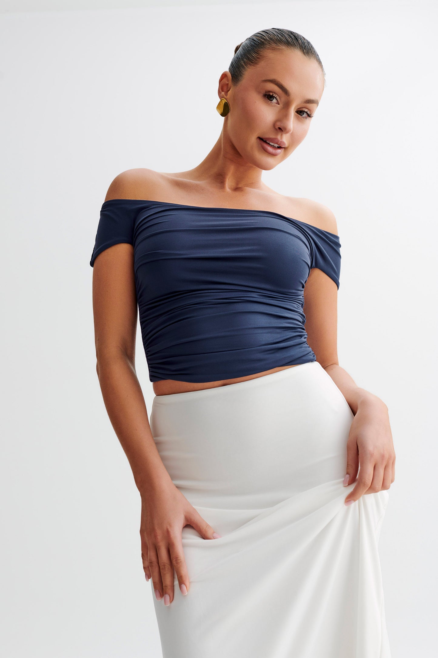 Piper Ruched Off Shoulder Top - Navy